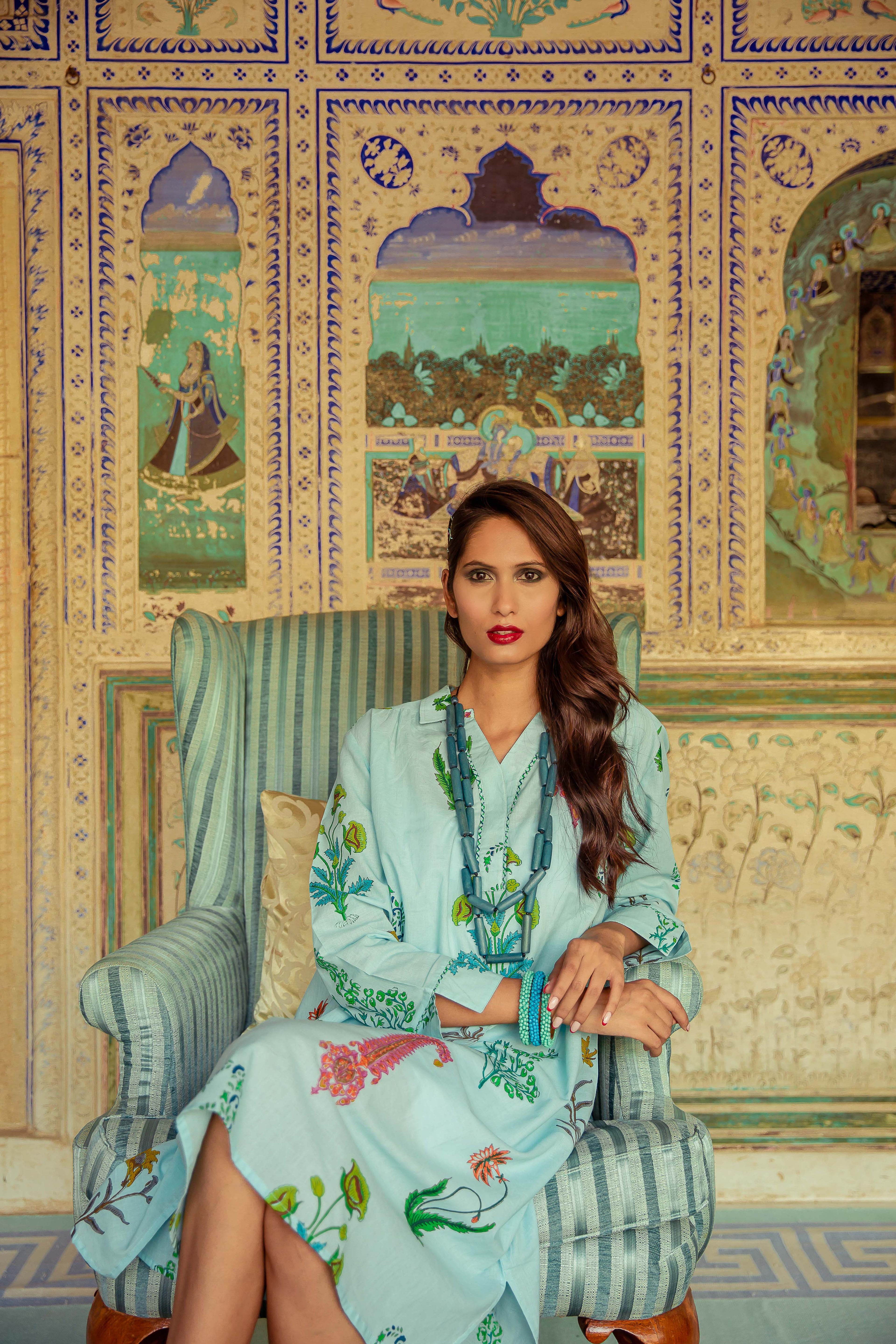 Botanical Easy Holiday Dress Cotton- Persian Blue