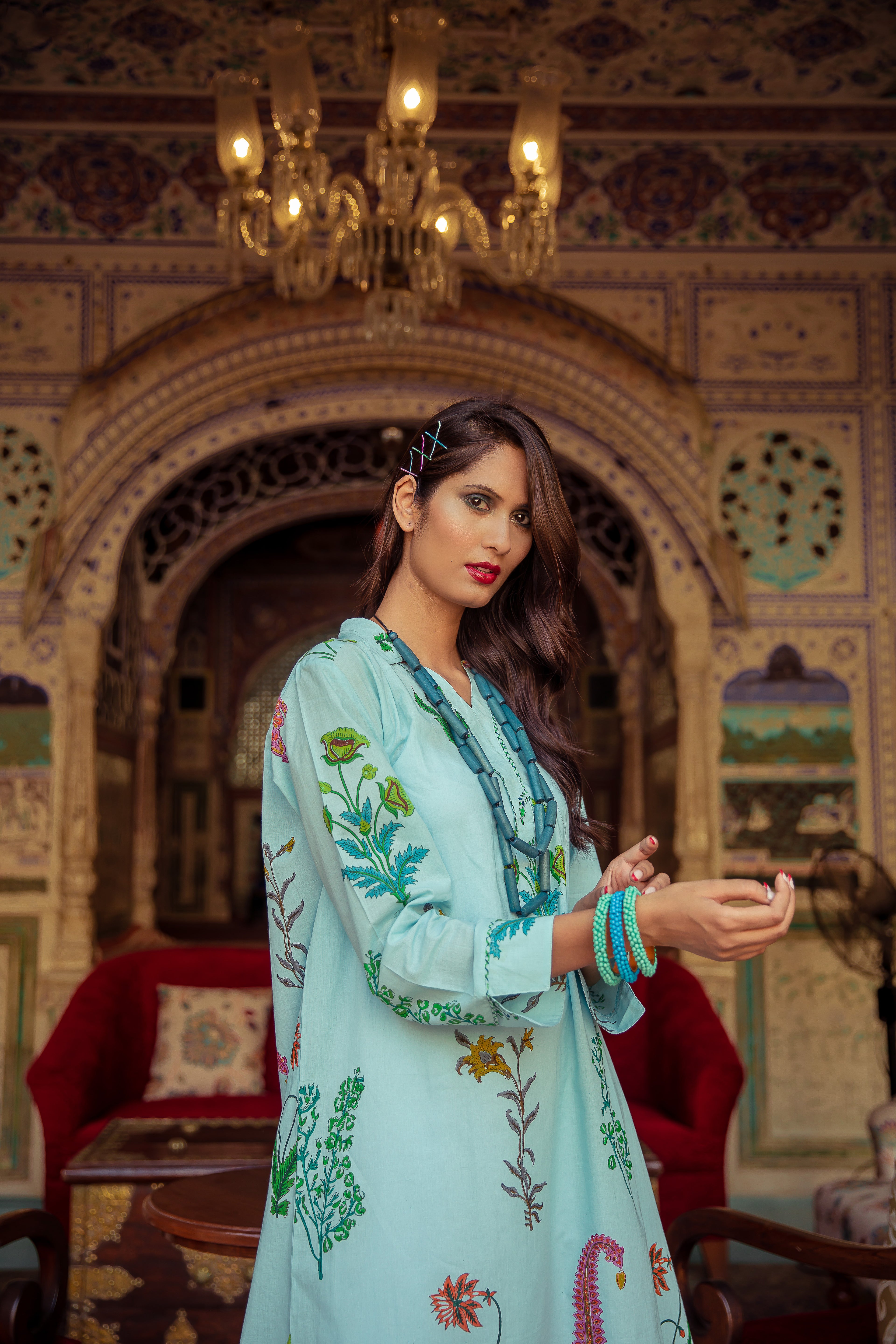 Botanical Easy Holiday Dress Cotton- Persian Blue