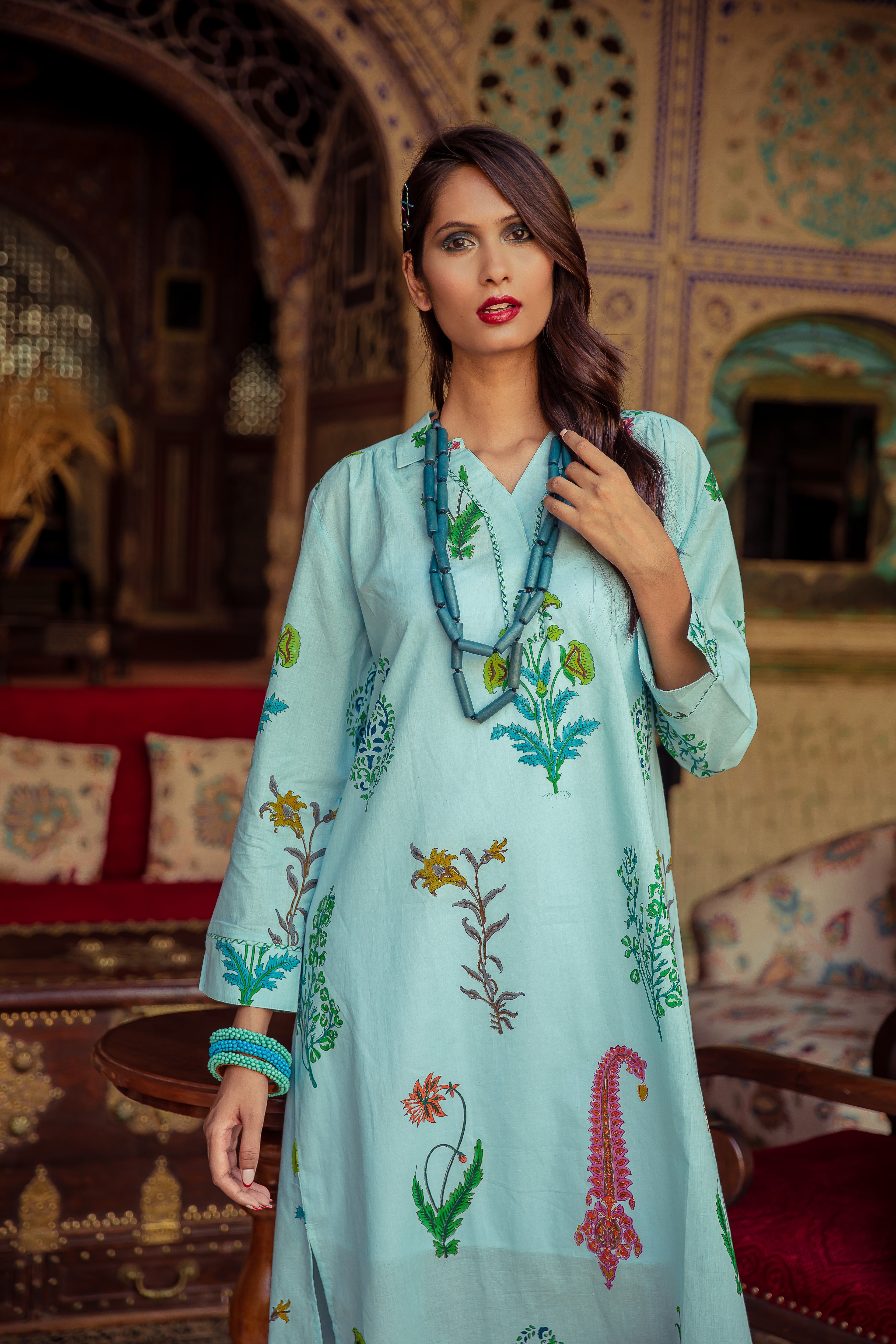 Botanical Easy Holiday Dress Cotton- Persian Blue