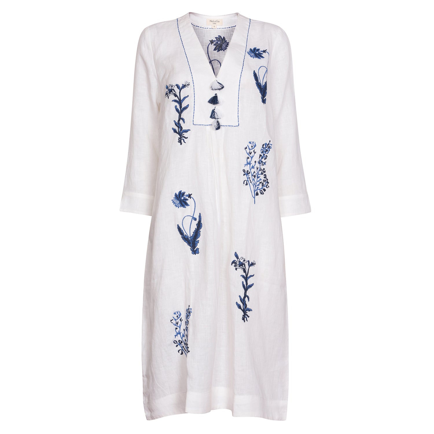 Botanical Embroidered Picot Midi Tunic Dress - White & Indigo