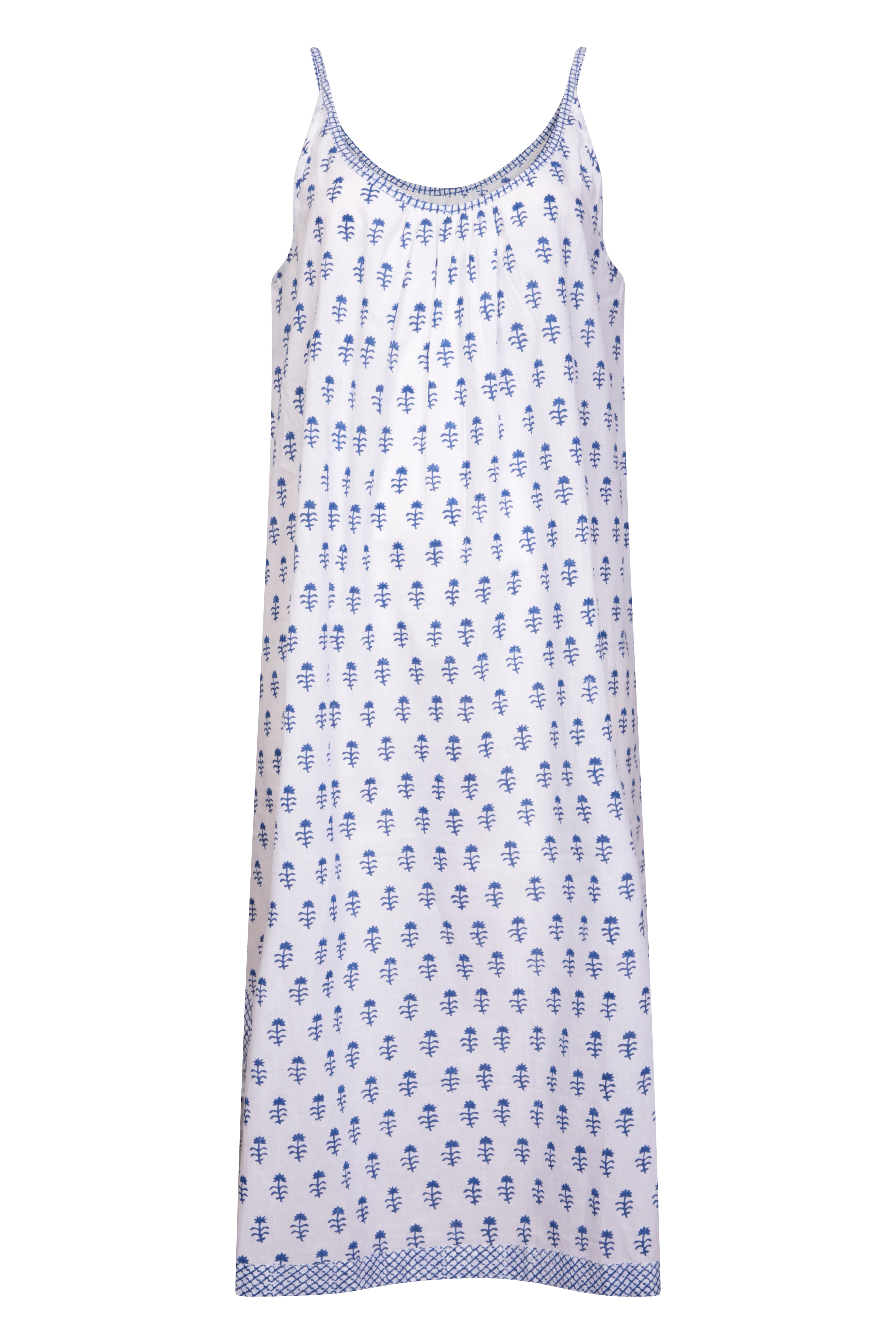 Botanical Strappy Nightdress - White with blue