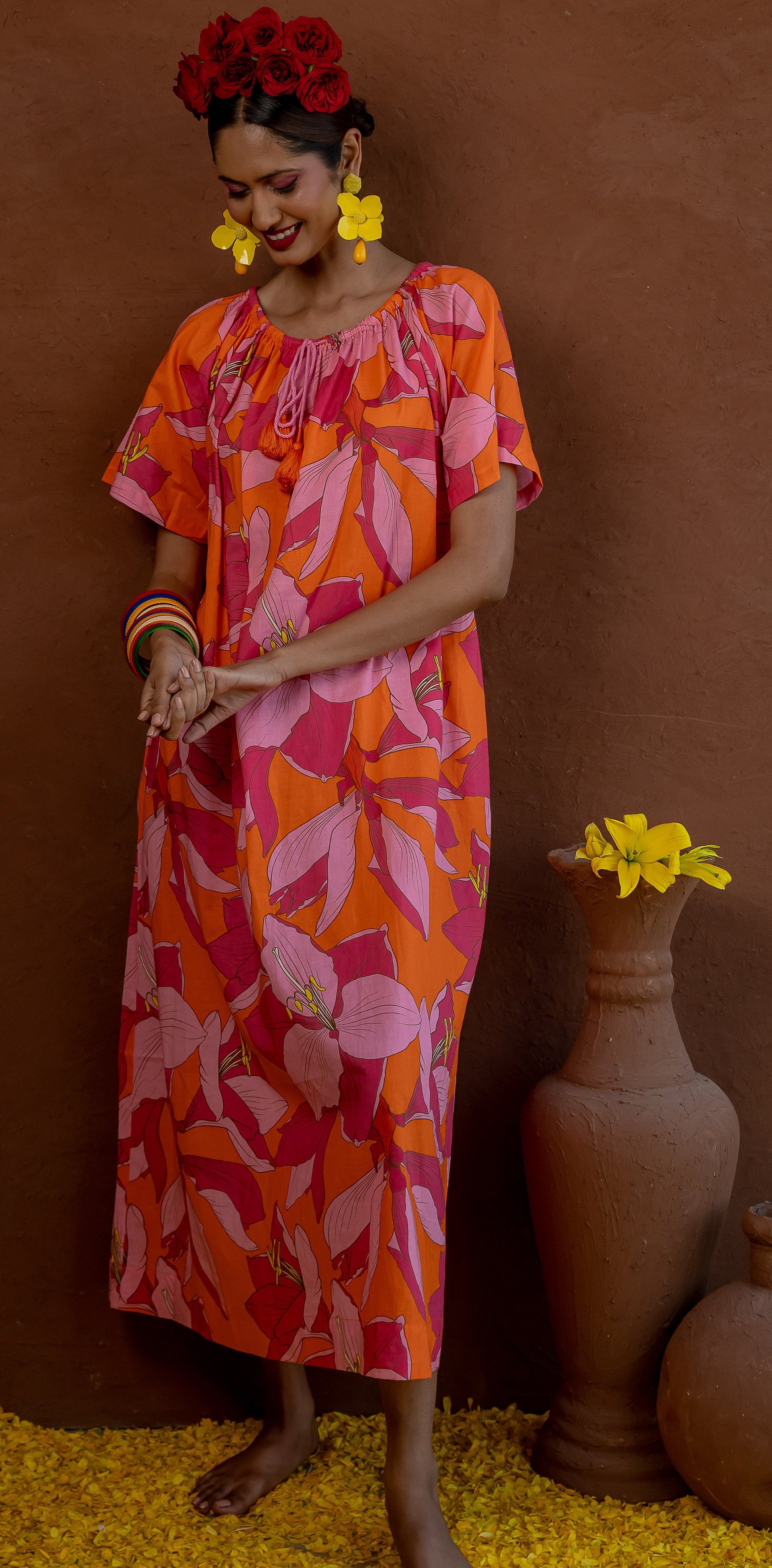 Calypso Fruit Flower Midi Dress Cotton Pink