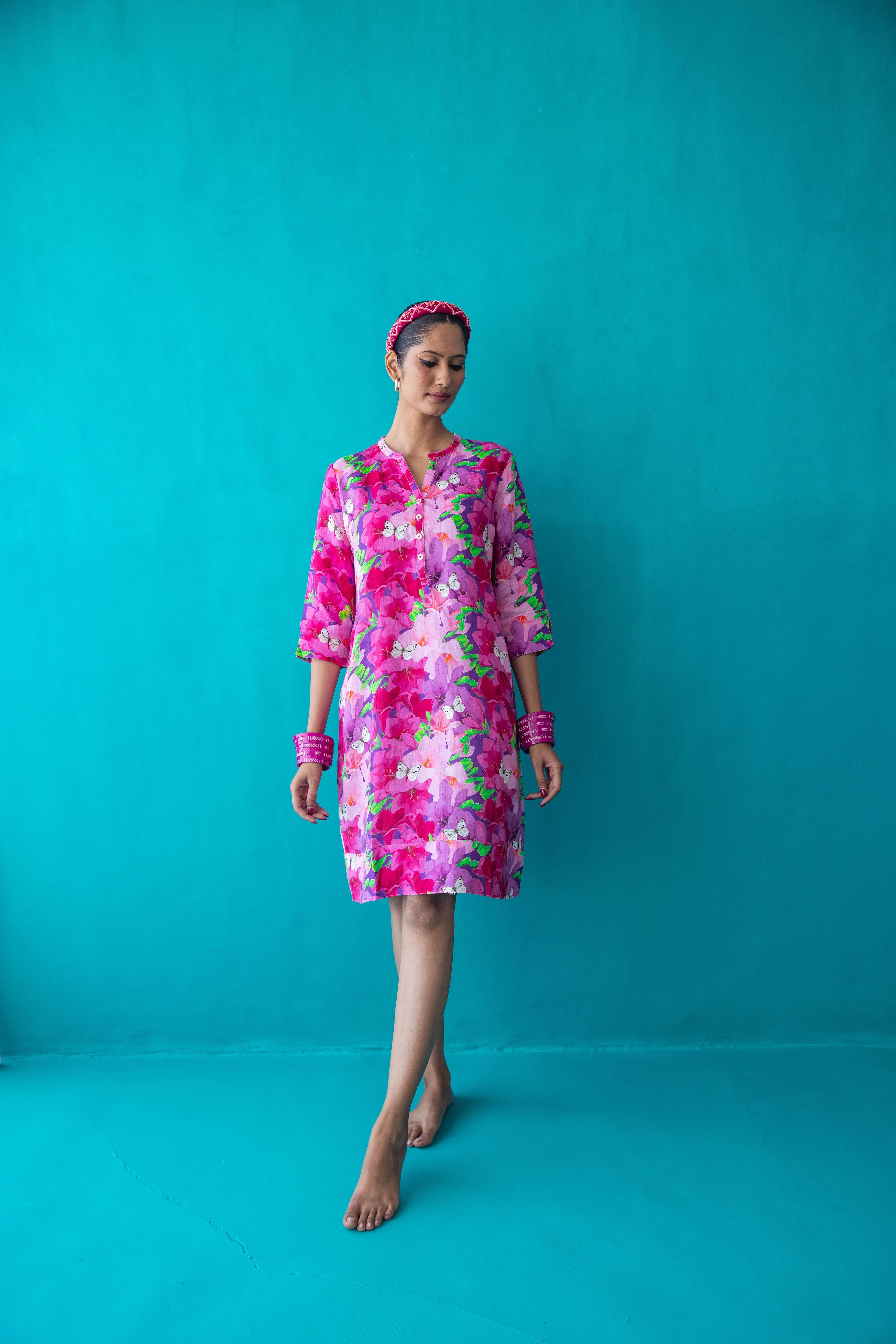 Butterfly Print Tunic Classic Dress Linen Pink