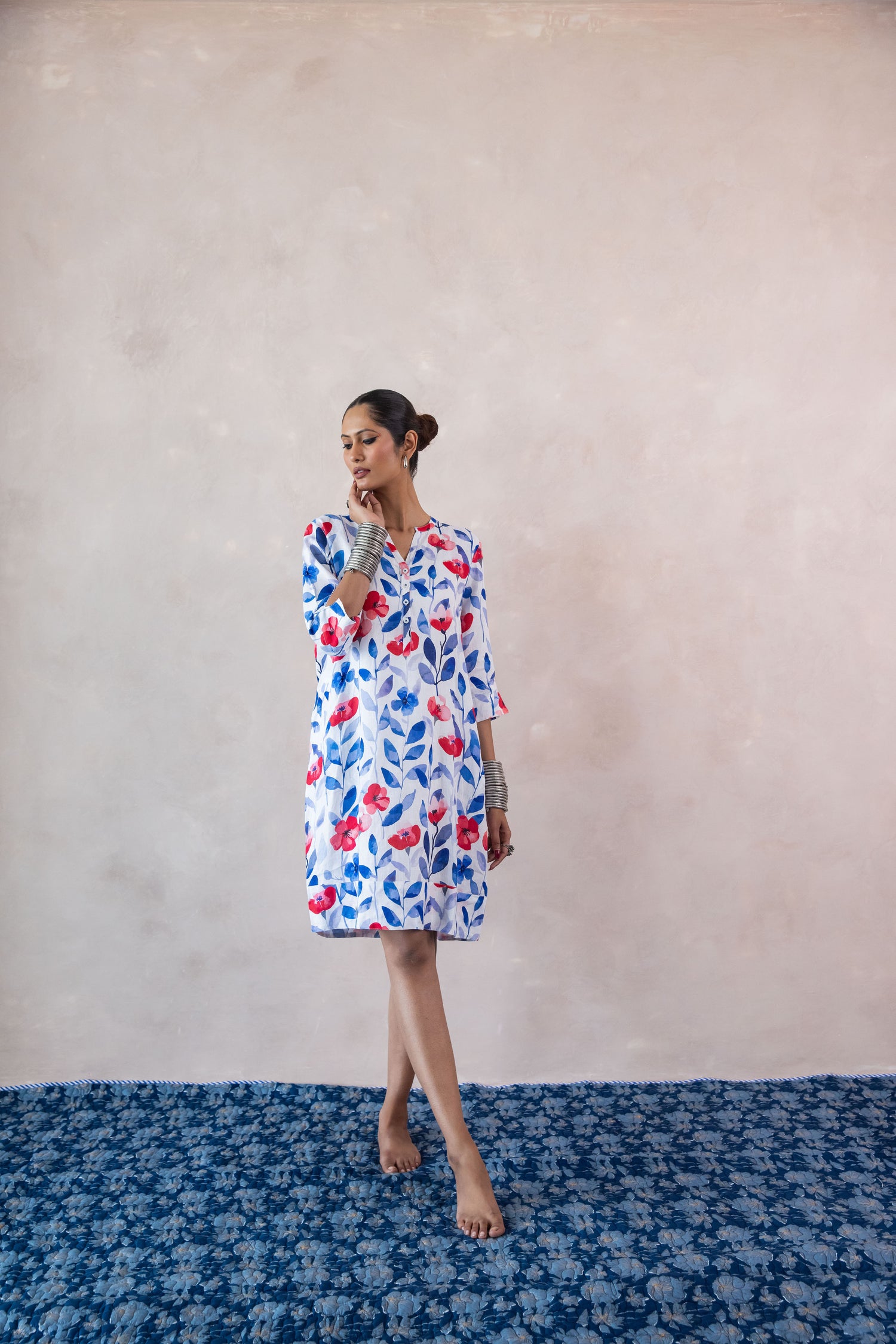 Daisy Leaf Print Tunic Classic Dress Linen Multi