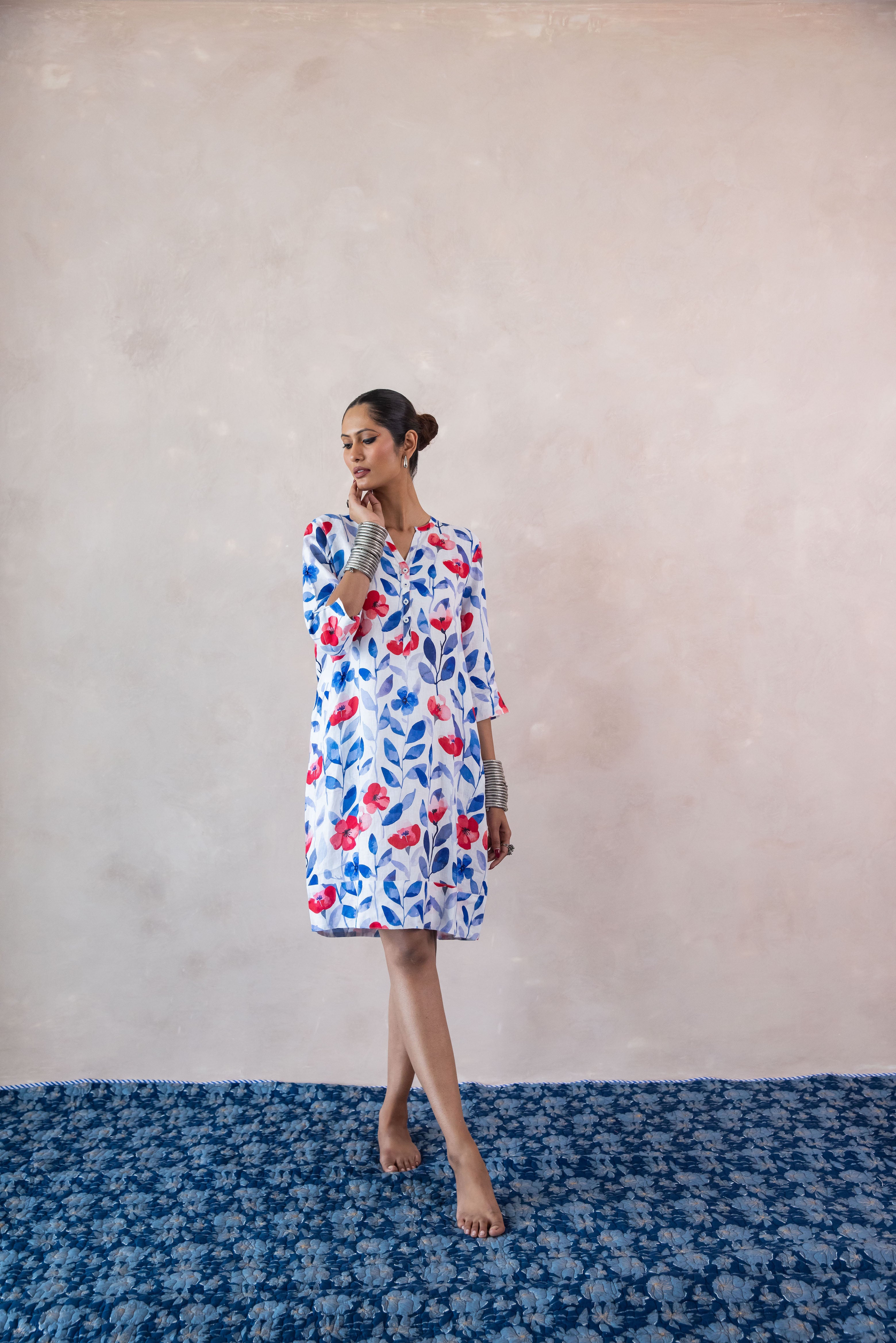 Daisy Leaf Print Tunic Classic Dress Linen Multi