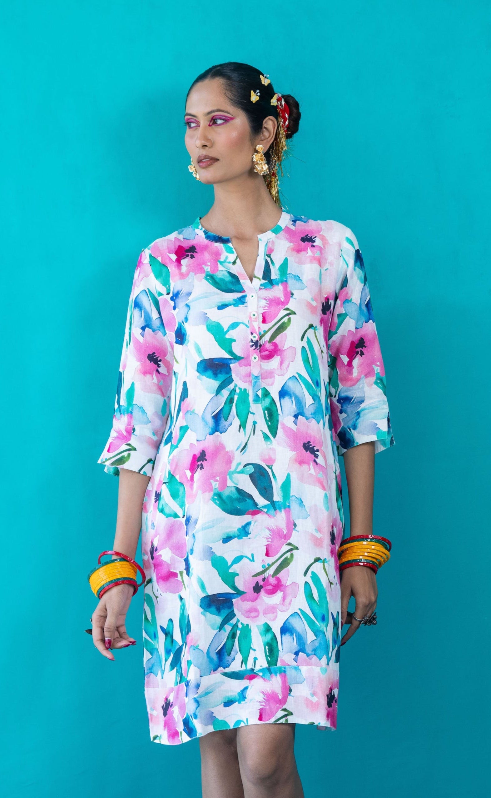 Mint Candy Print Tunic Classic Dress Linen Multi