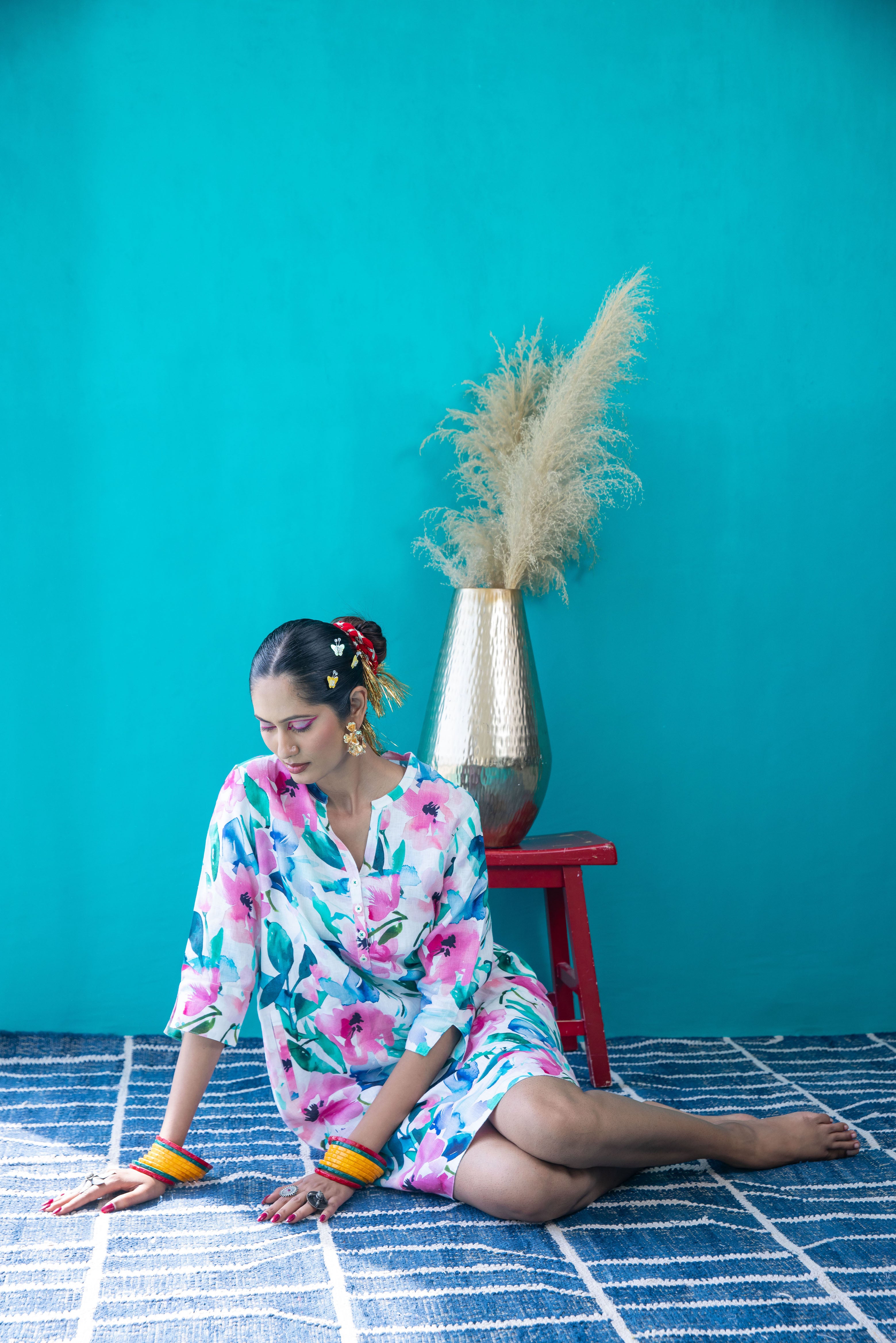 Mint Candy Print Tunic Classic Dress Linen Multi