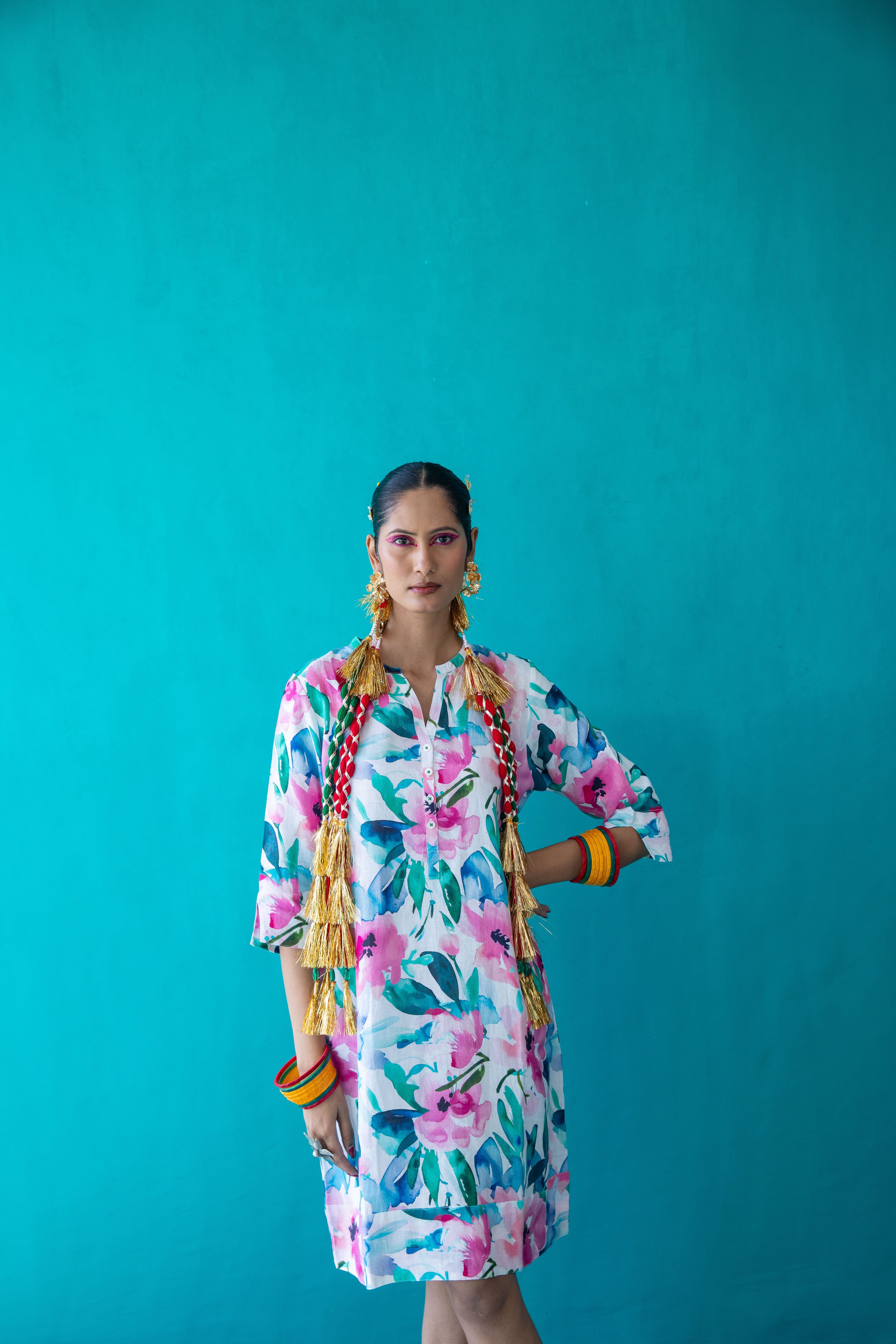 Mint Candy Print Tunic Classic Dress Linen Multi