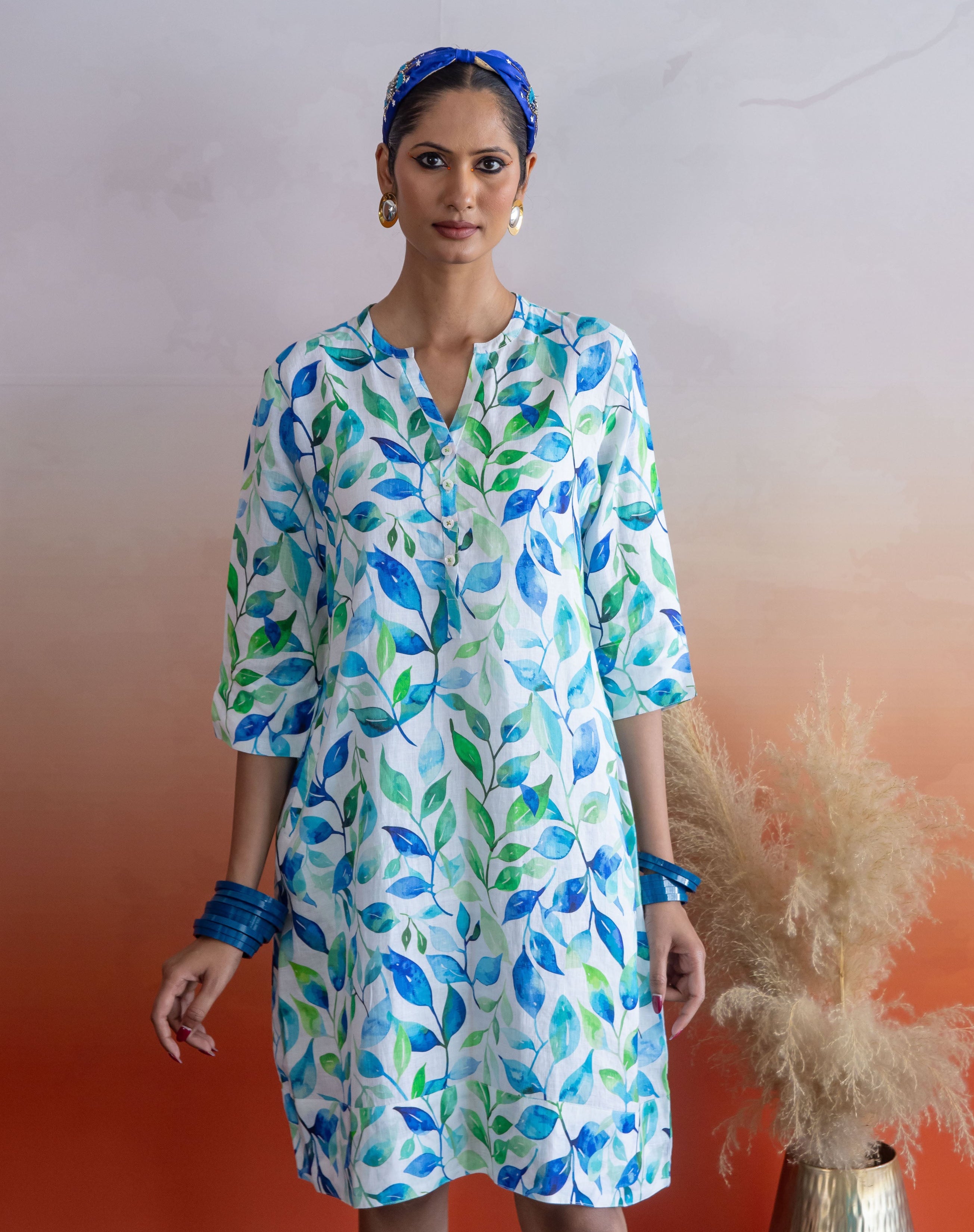 Sea Crest Print Tunic Classic Dress Linen Green