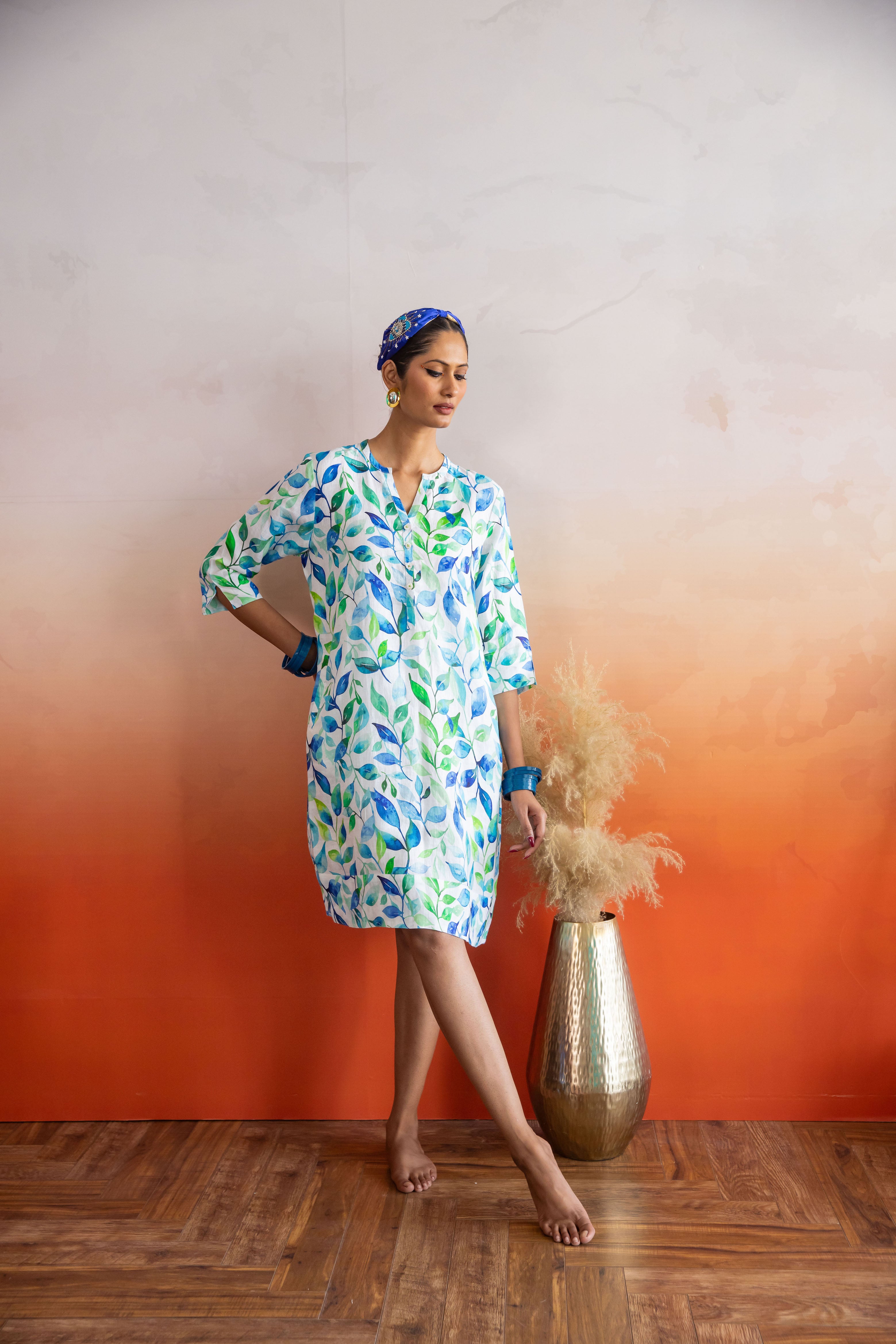 Sea Crest Print Tunic Classic Dress Linen Green