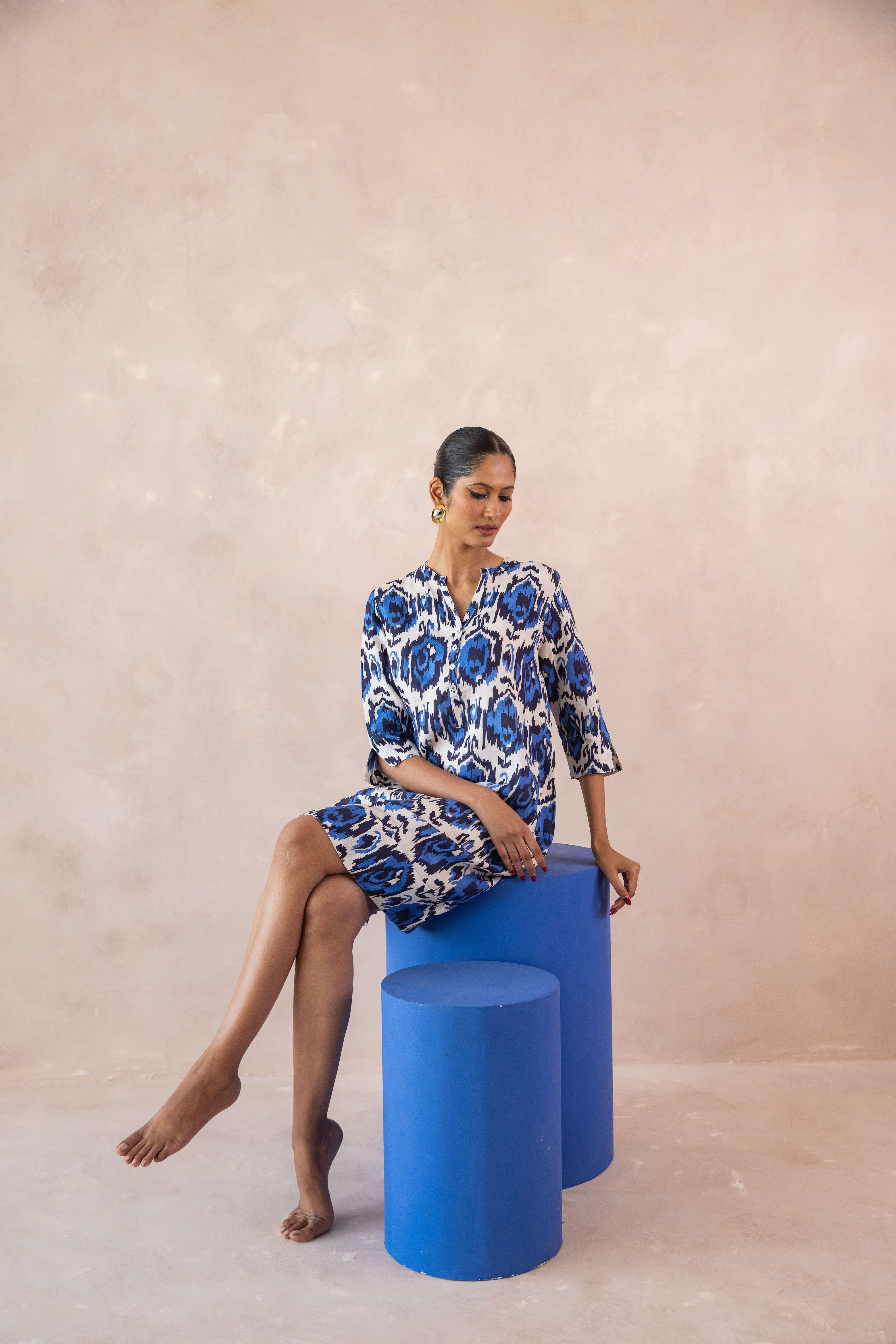 Swizzle Print Tunic Classic Dress Linen Blue