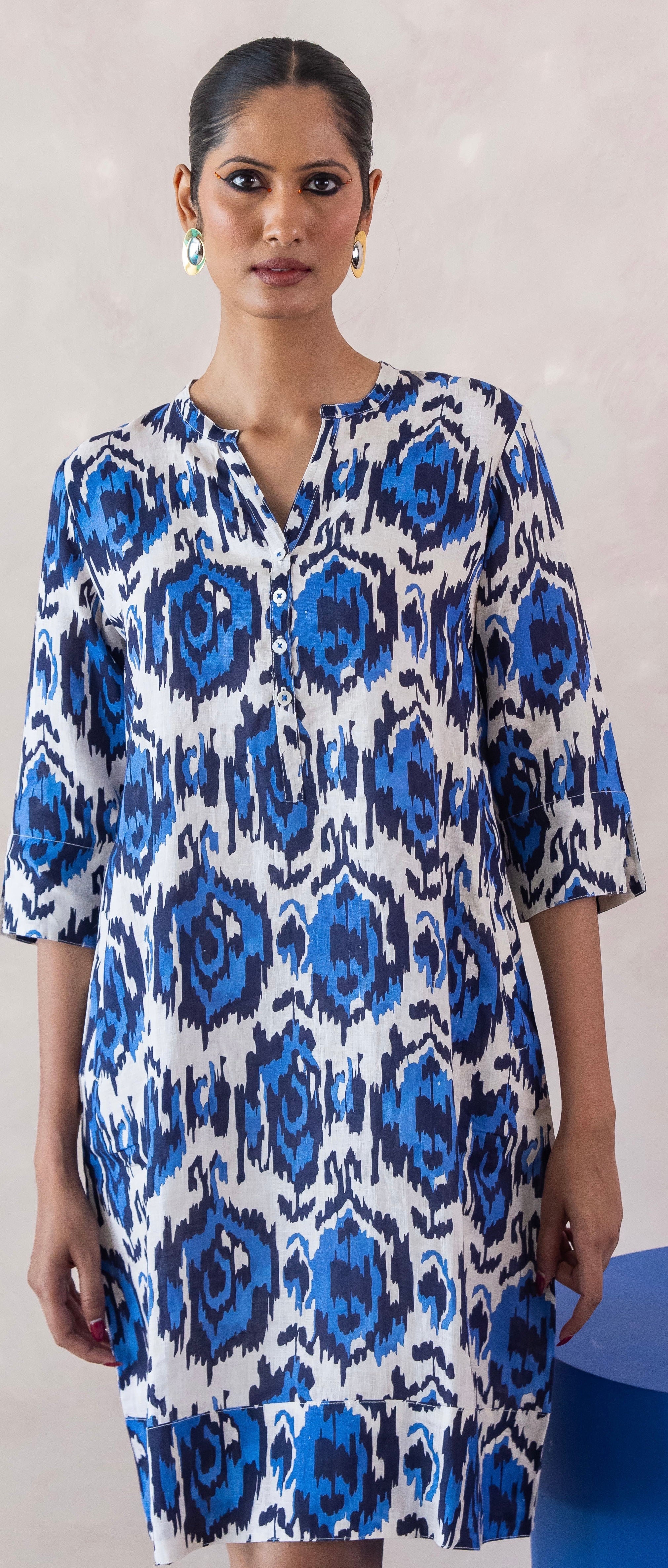 Swizzle Print Tunic Classic Dress Linen Blue
