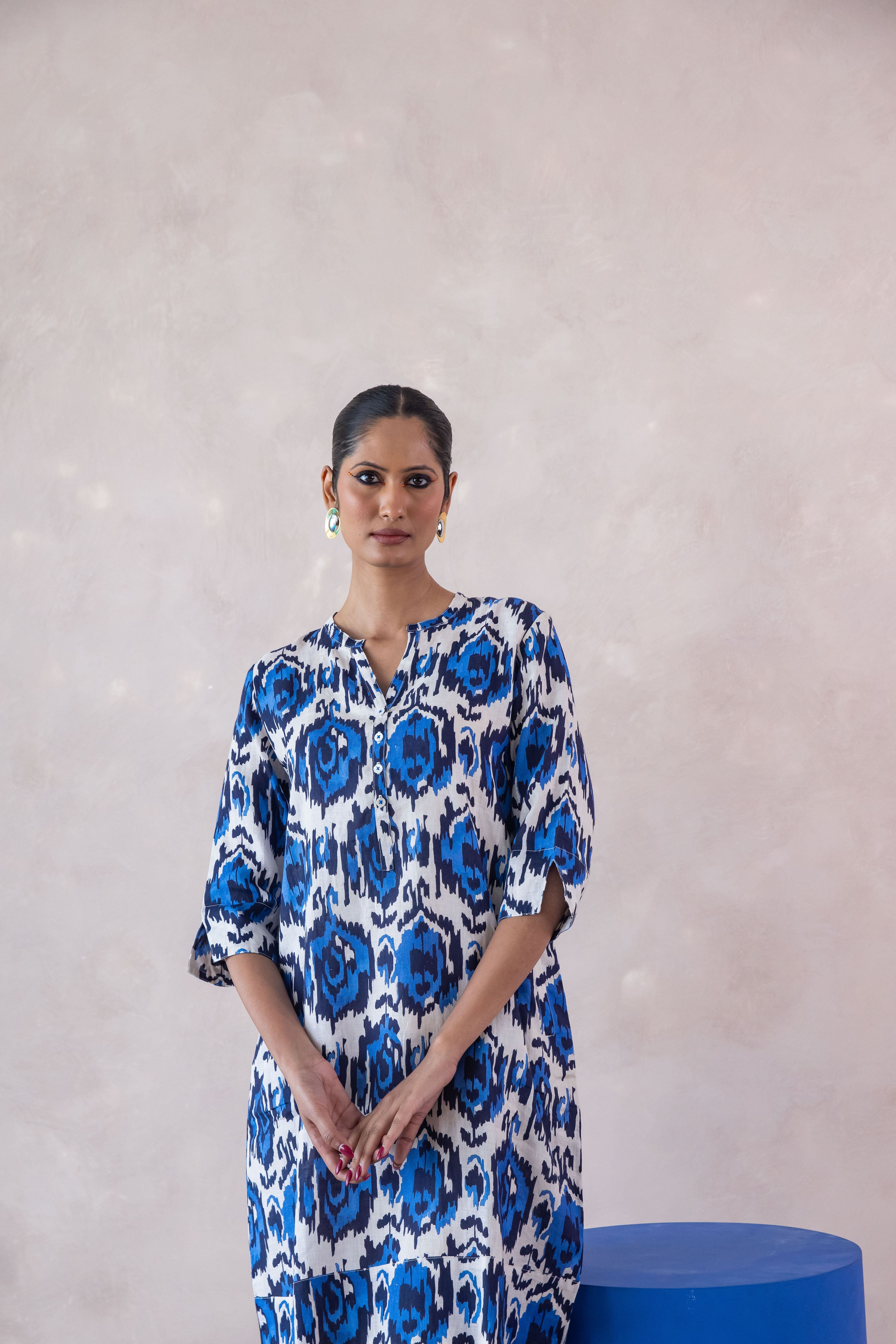 Swizzle Print Tunic Classic Dress Linen Blue