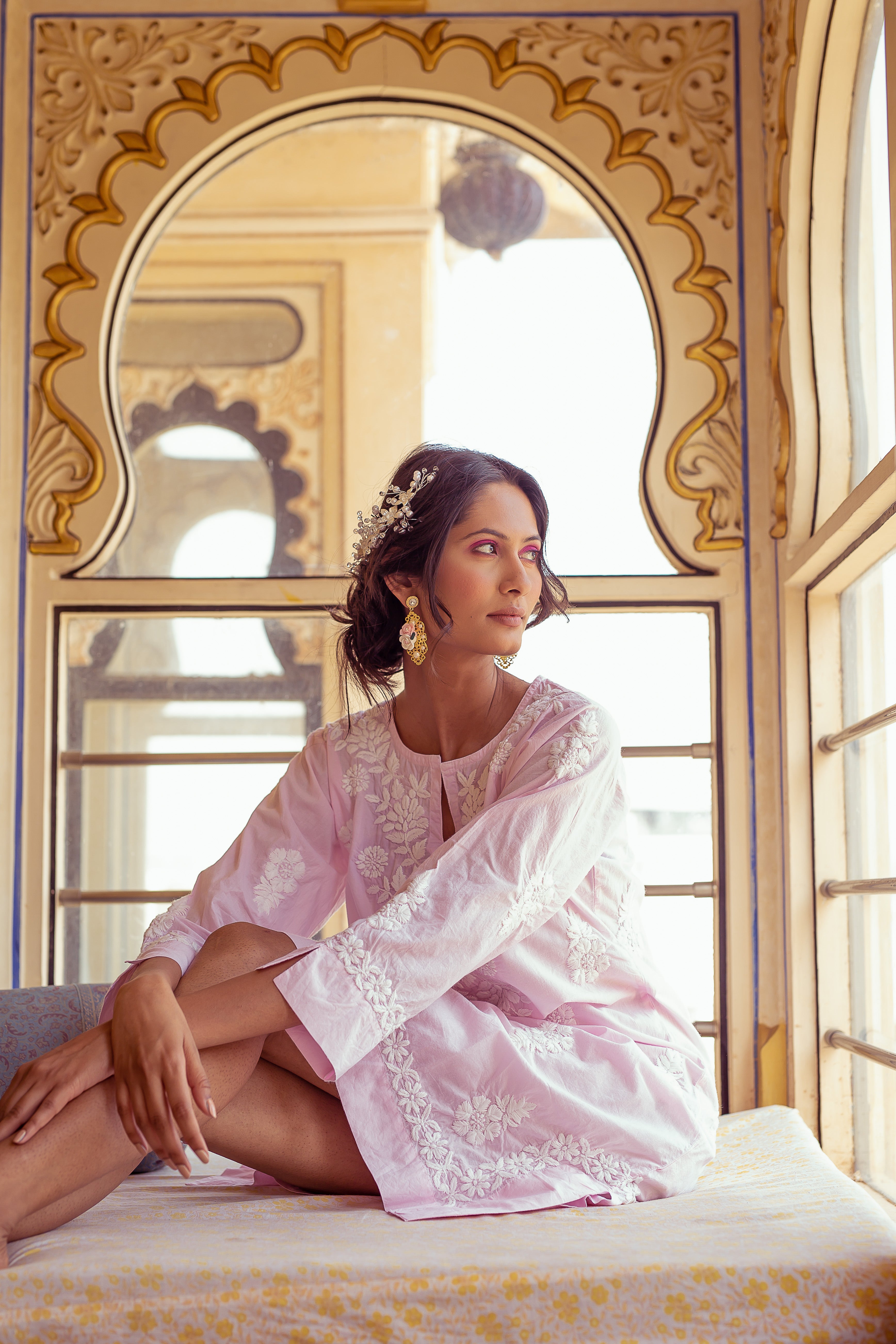 Pink Harriet Dress with White Hand Embroidery