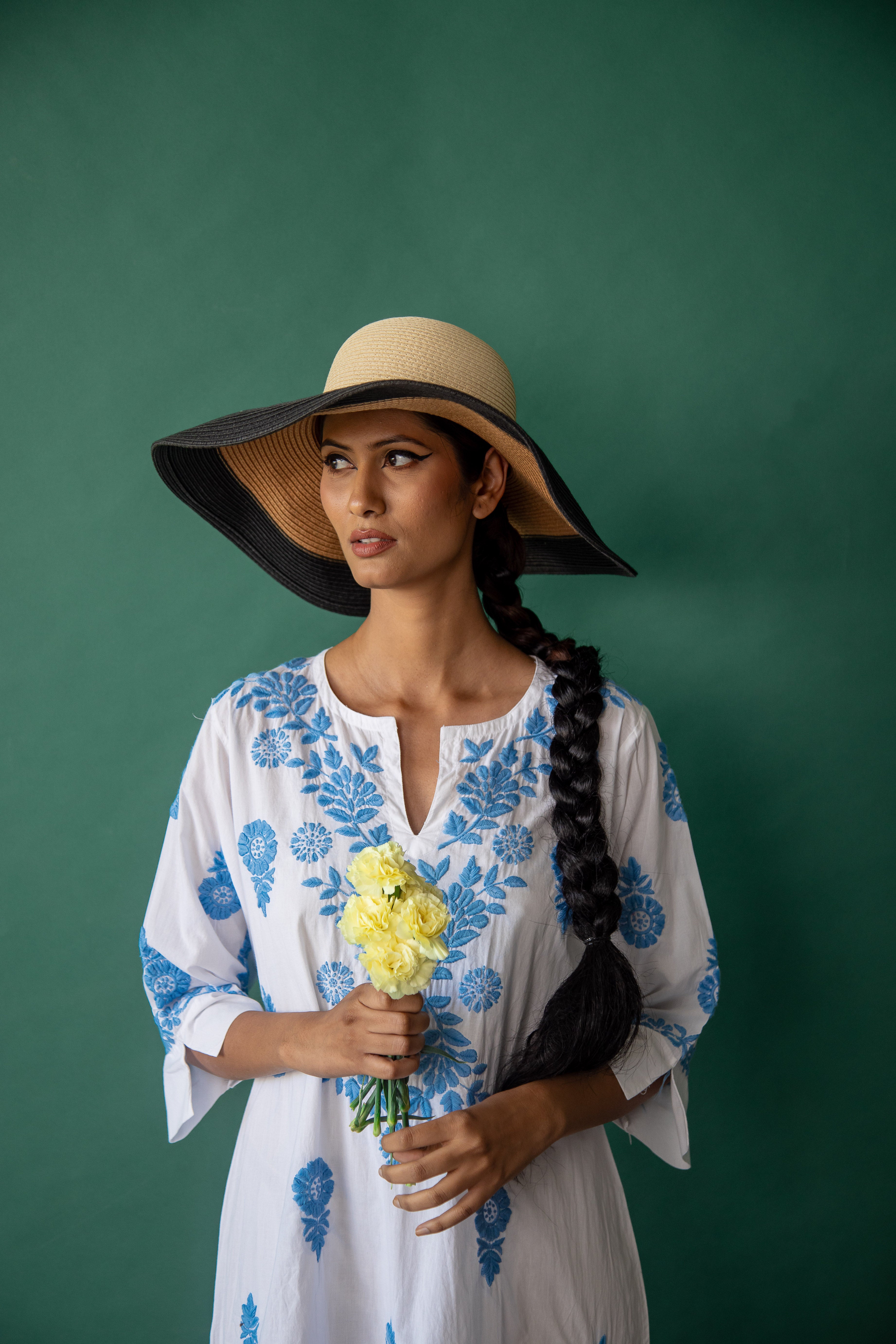 White Harriet Dress with Blue Hand Embroidery