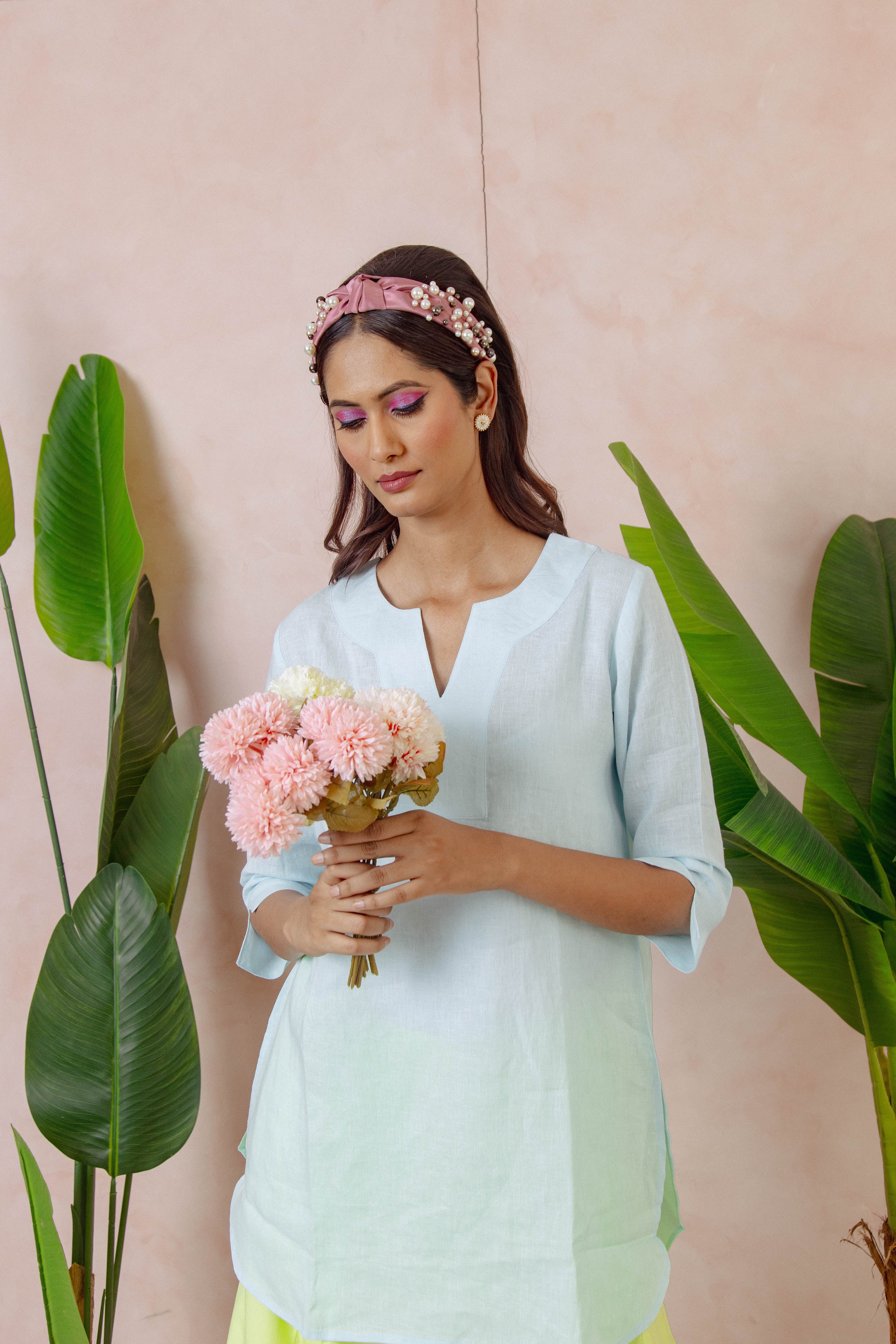 Lifestyle Long Linen Top - Sky Aqua Blue
