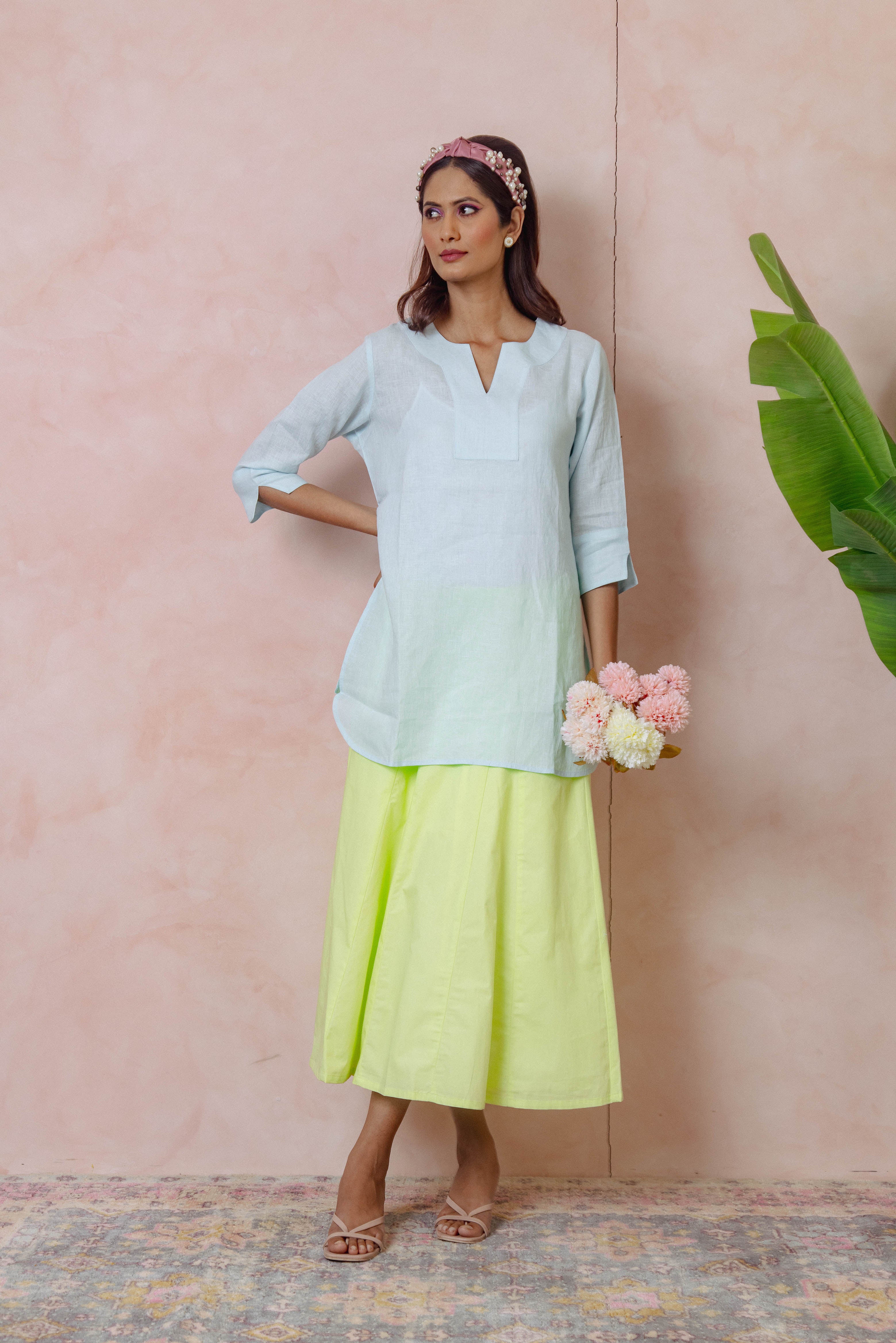 Lifestyle Long Linen Top - Sky Aqua Blue
