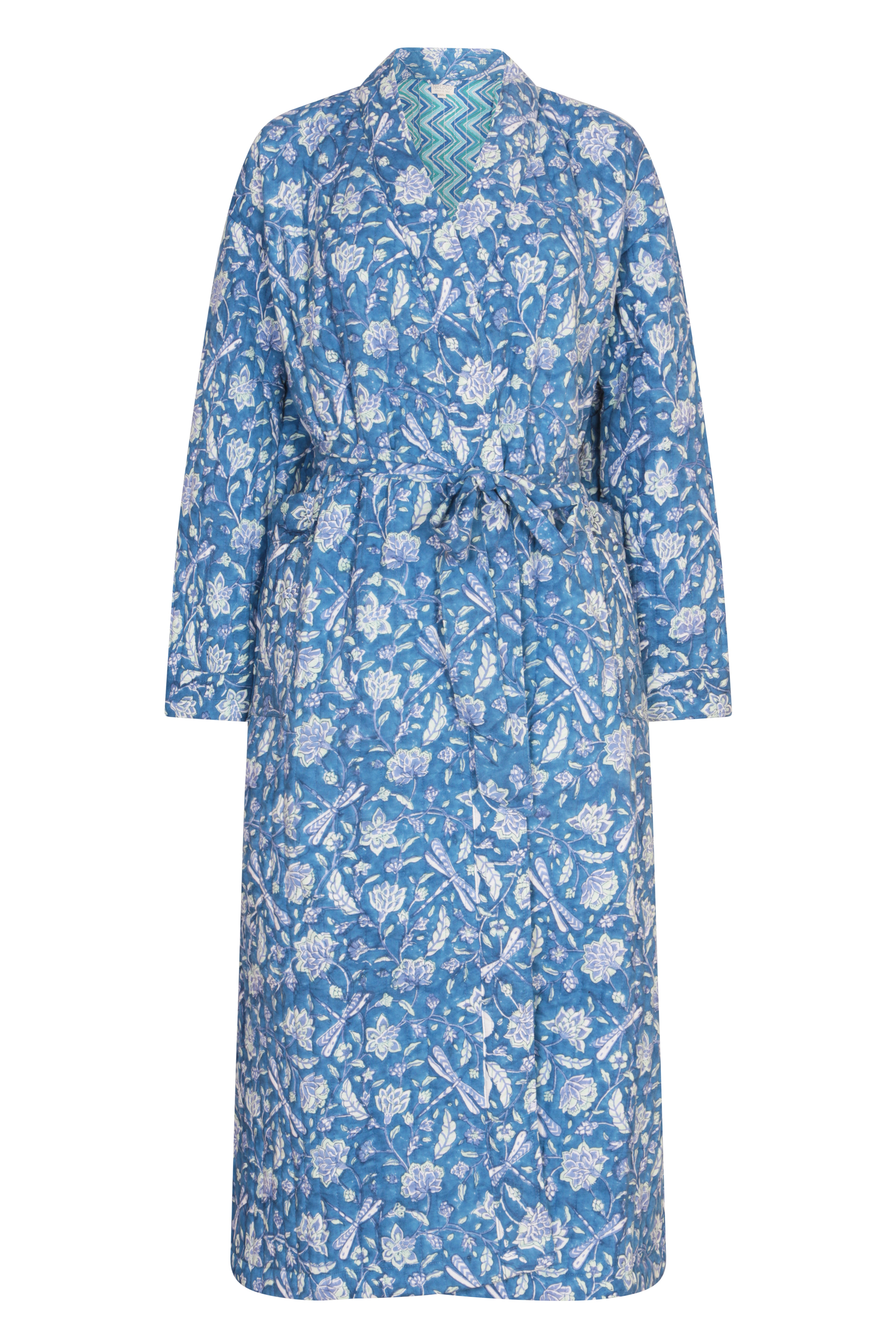 Luxury Quilted Hand Block Printed Robe - Dragonfly/Zigzag Print Blue