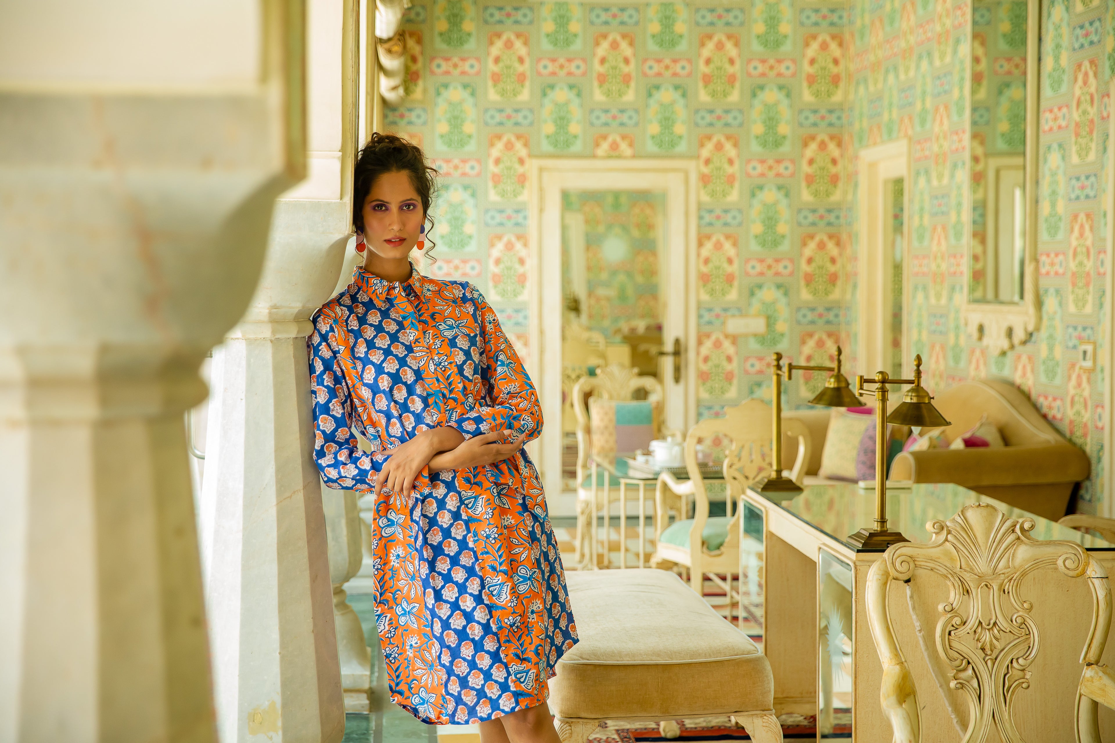 Mix Match Shirtdress Cotton Blue & Mustard