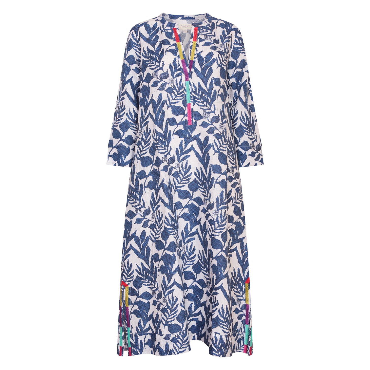 Lino Print Embroidered Kaftan Linen - Blue