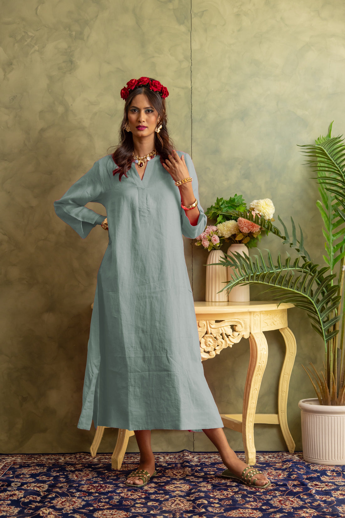 Plain Dyed Kaftan Linen - Sage Green