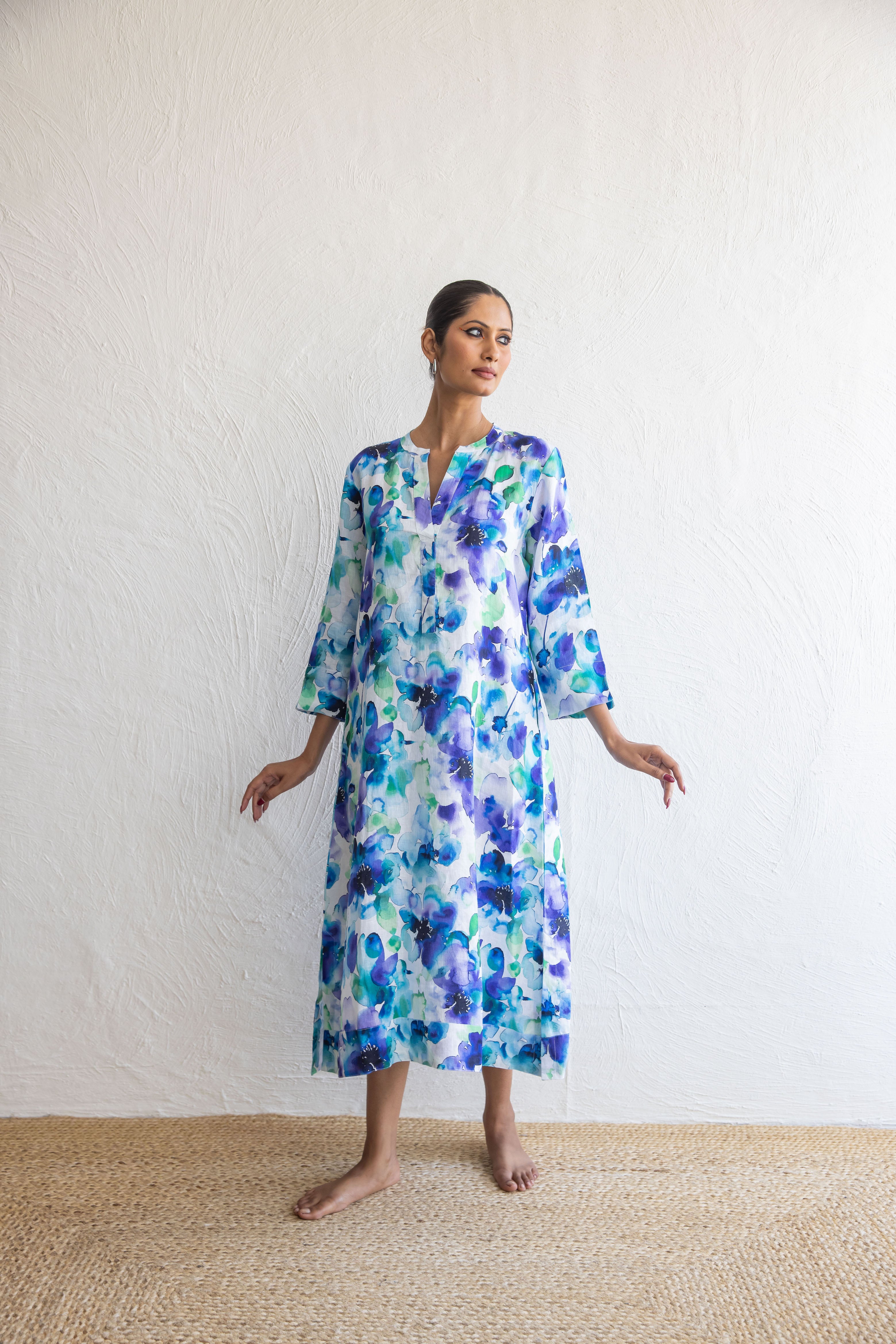 Water Petal Print Kaftan Linen - Multi