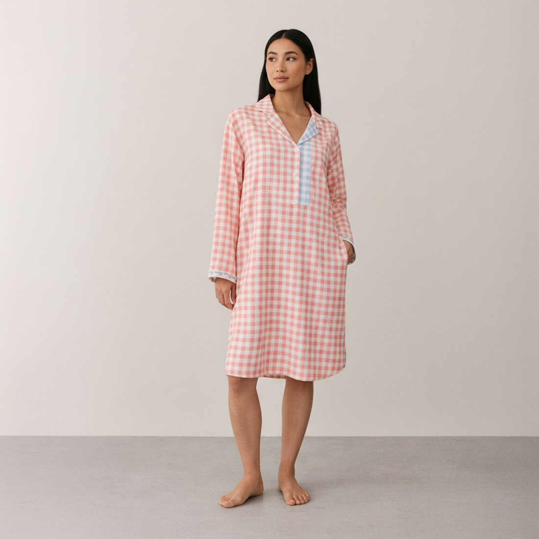 Gingham Nightwear Nightshirt Cotton - Apricot Pink and White