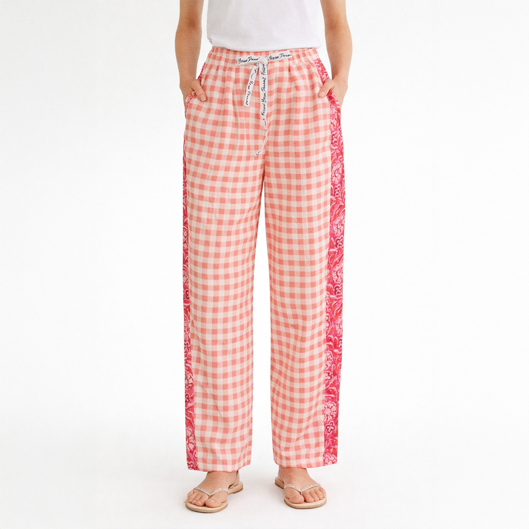 Mix Match Cosmos and Pink Check Trousers Cotton