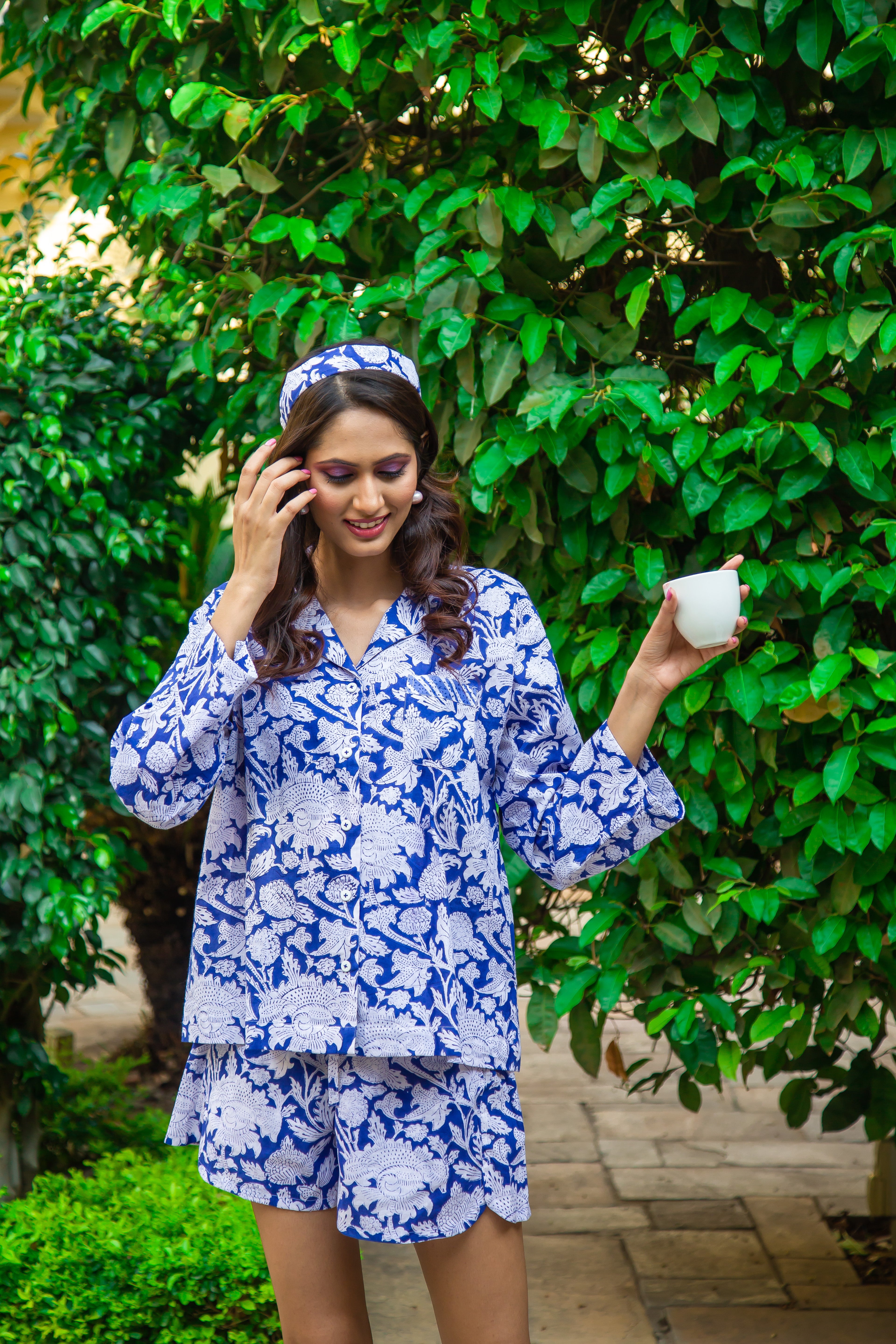 Hand Block Printed Cotton PJ Shorts set - China Blue