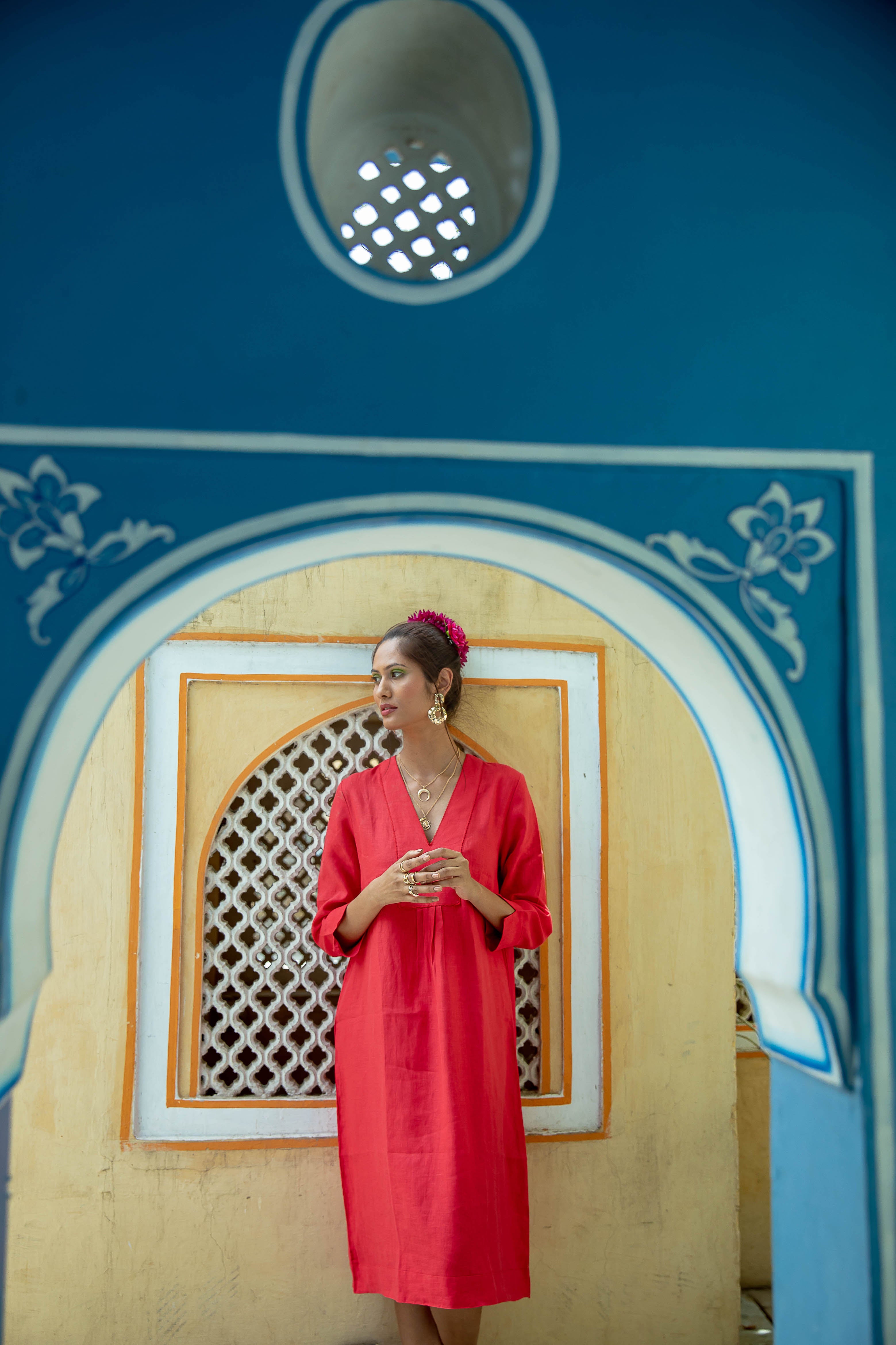 Picot MIDI Dress Linen - Red