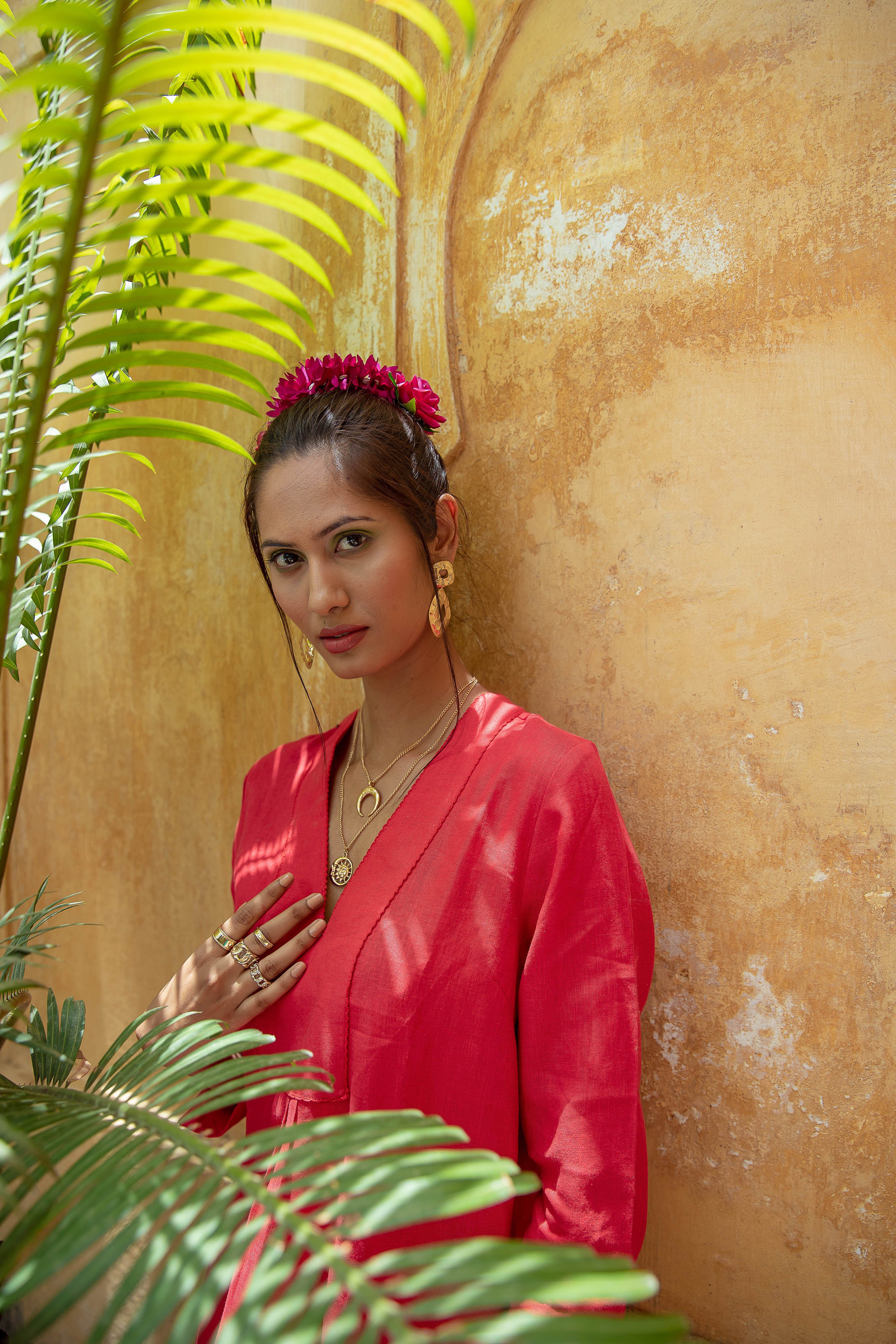 Picot MIDI Dress Linen - Red