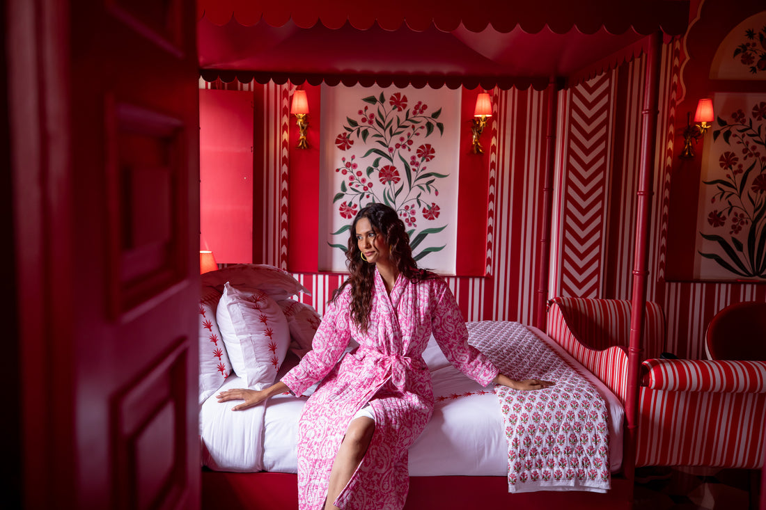 Luxury Quilted Hand Block Printed Robe - Paisley Pink