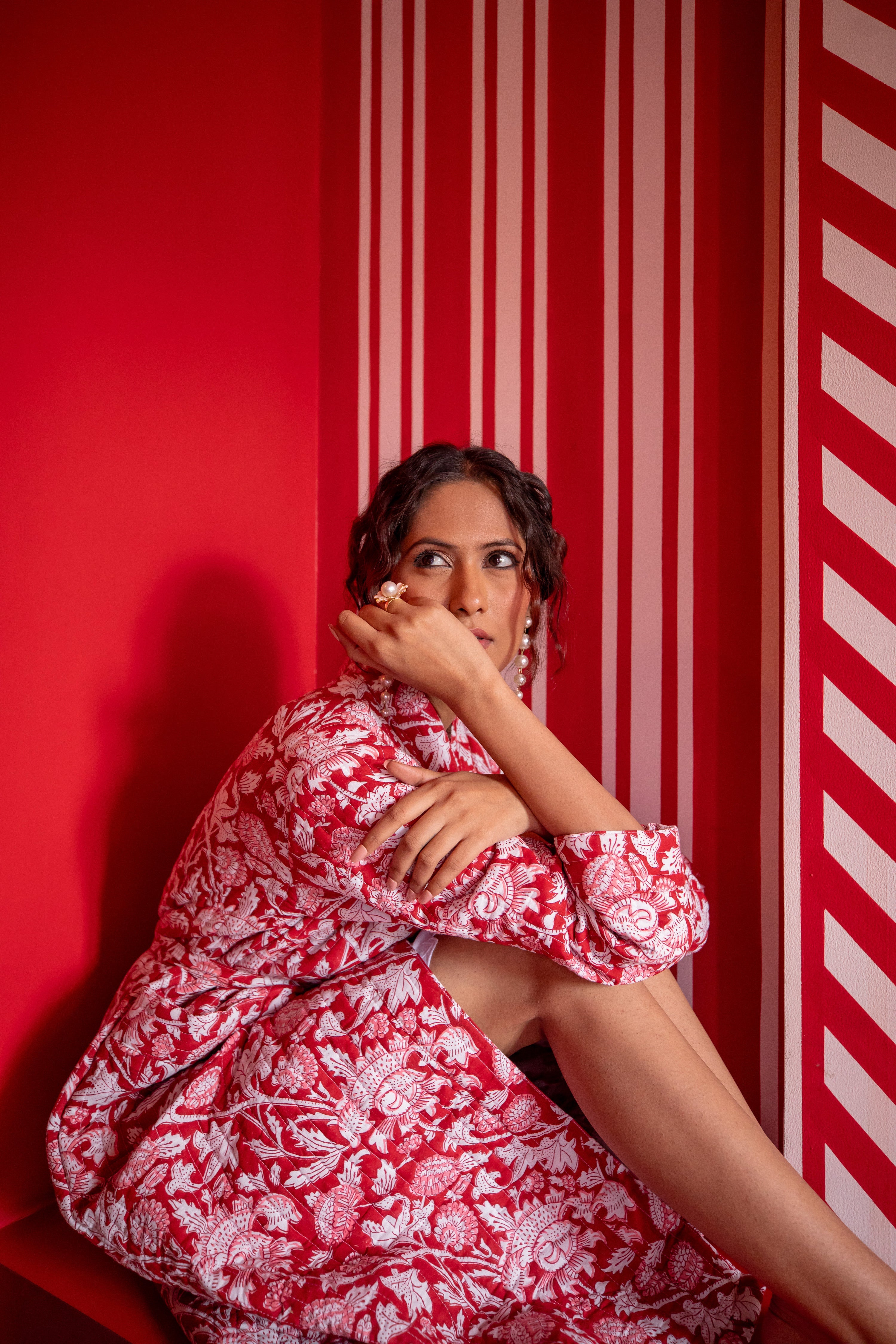 Luxury Quilted Hand Block Printed Robe - Vintage Red