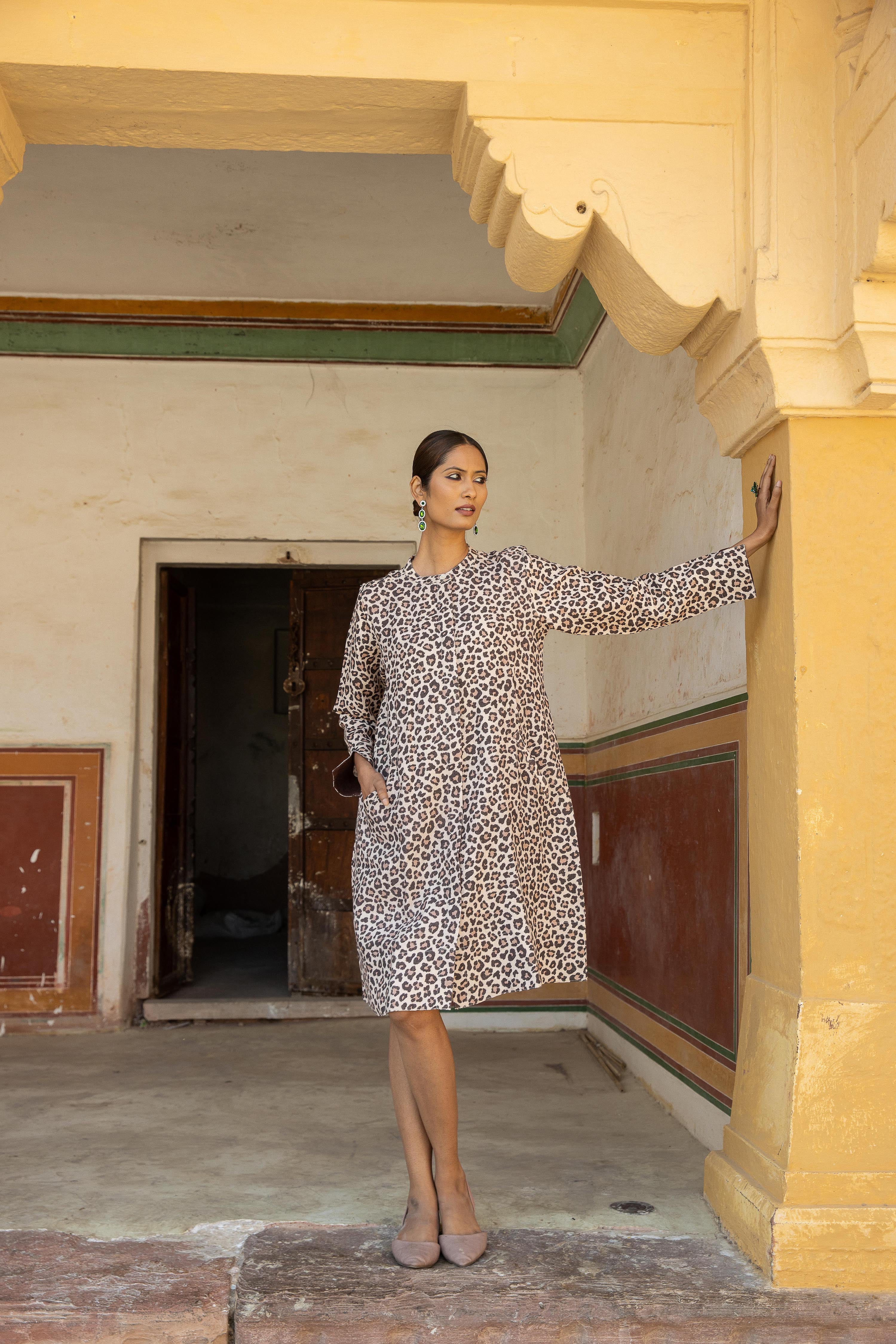 Super Mix Coat Dress Linen Brown Leopard