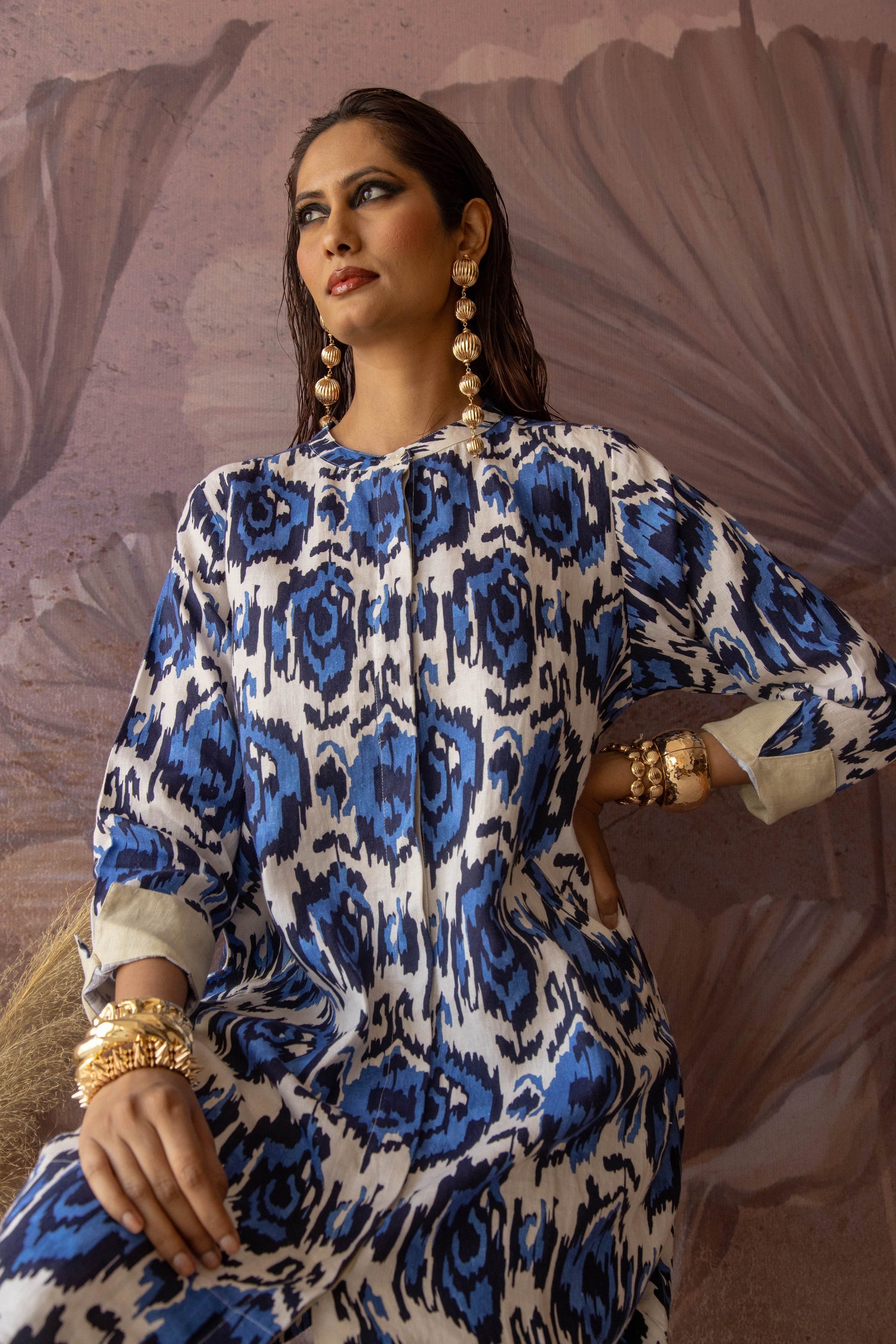 Swizzle Print Super Mix Coat Dress Linen Blue