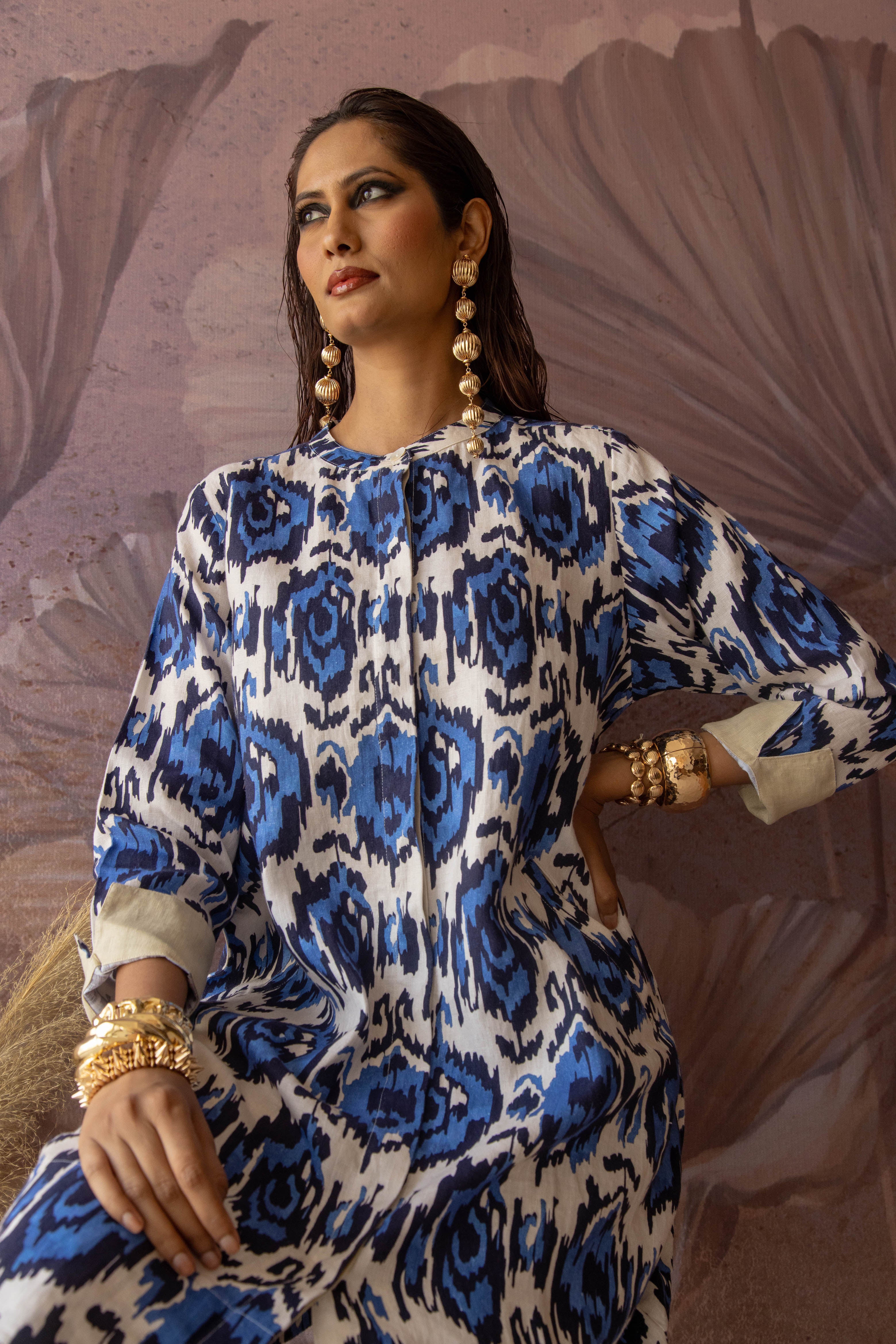 Swizzle Print Super Mix Coat Dress Linen Blue
