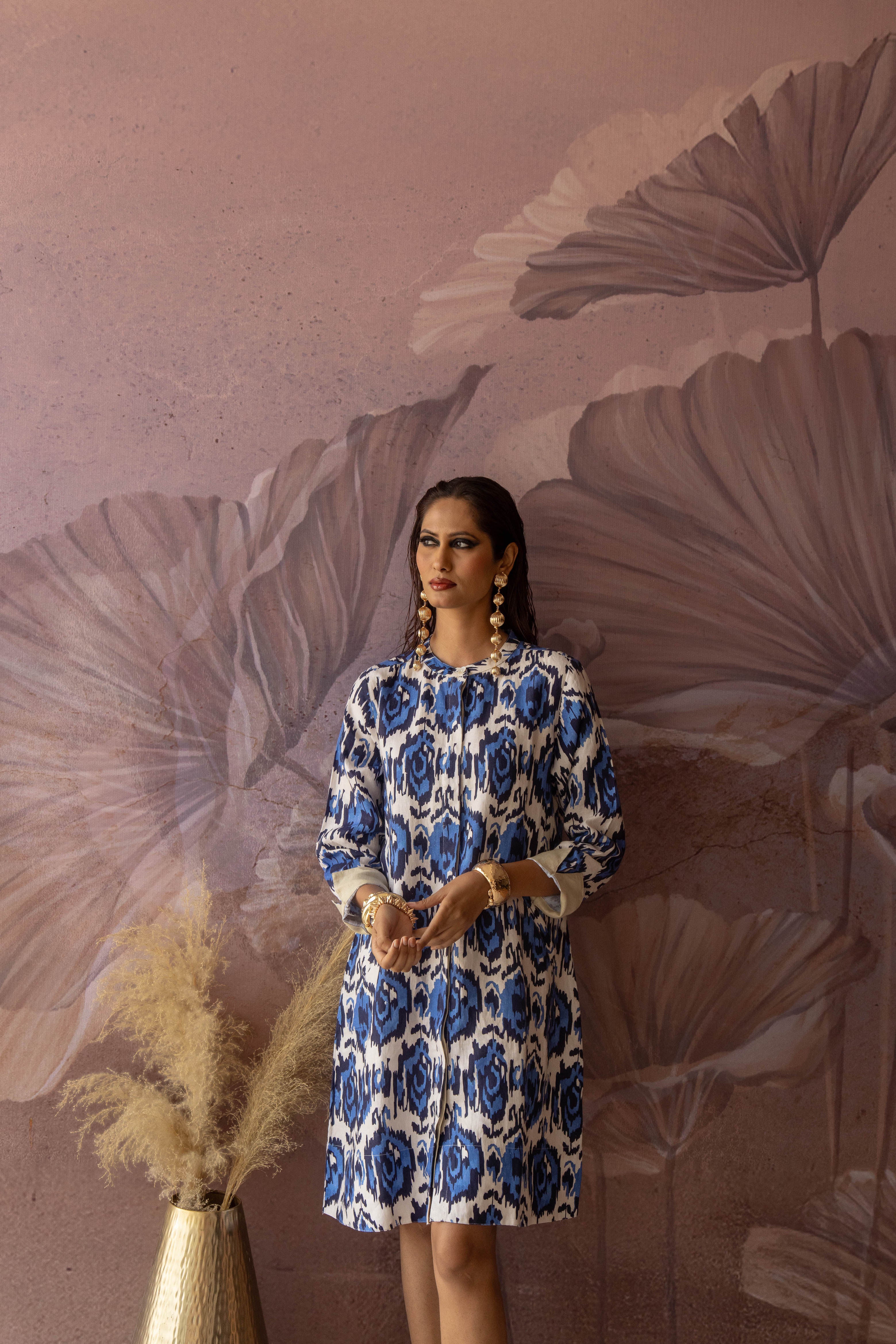 Swizzle Print Super Mix Coat Dress Linen Blue