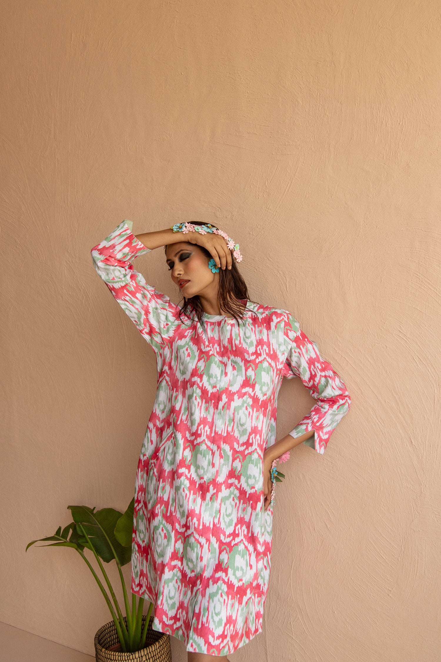 Swizzle Print Super Mix Coat Dress Linen Pink