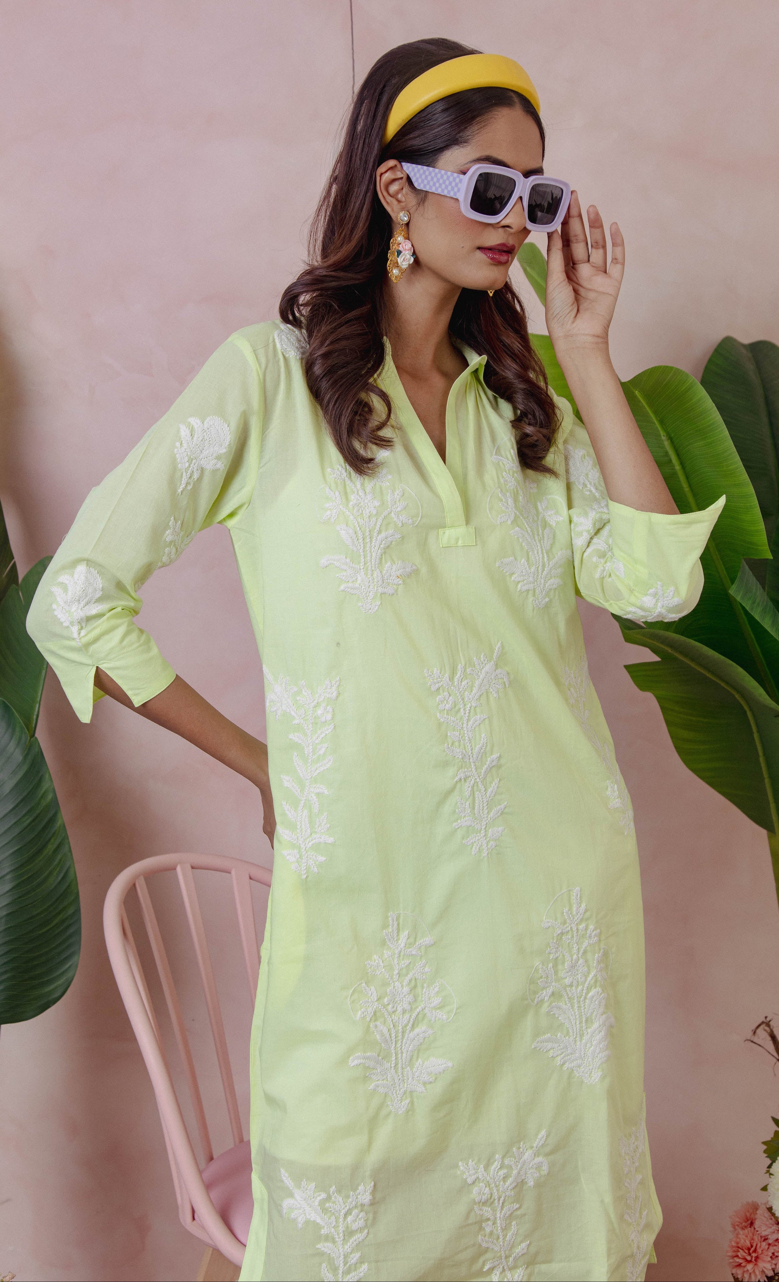 Long Tourist Dress Lime with White Embroidery
