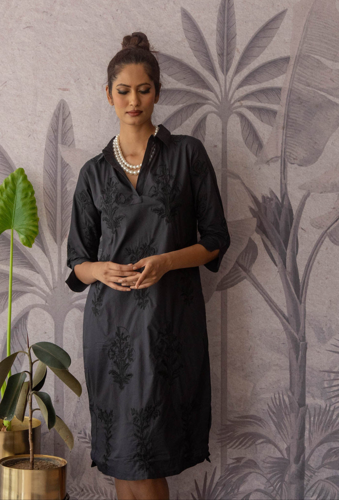 Long Tourist Dress Black with Black Embroidery