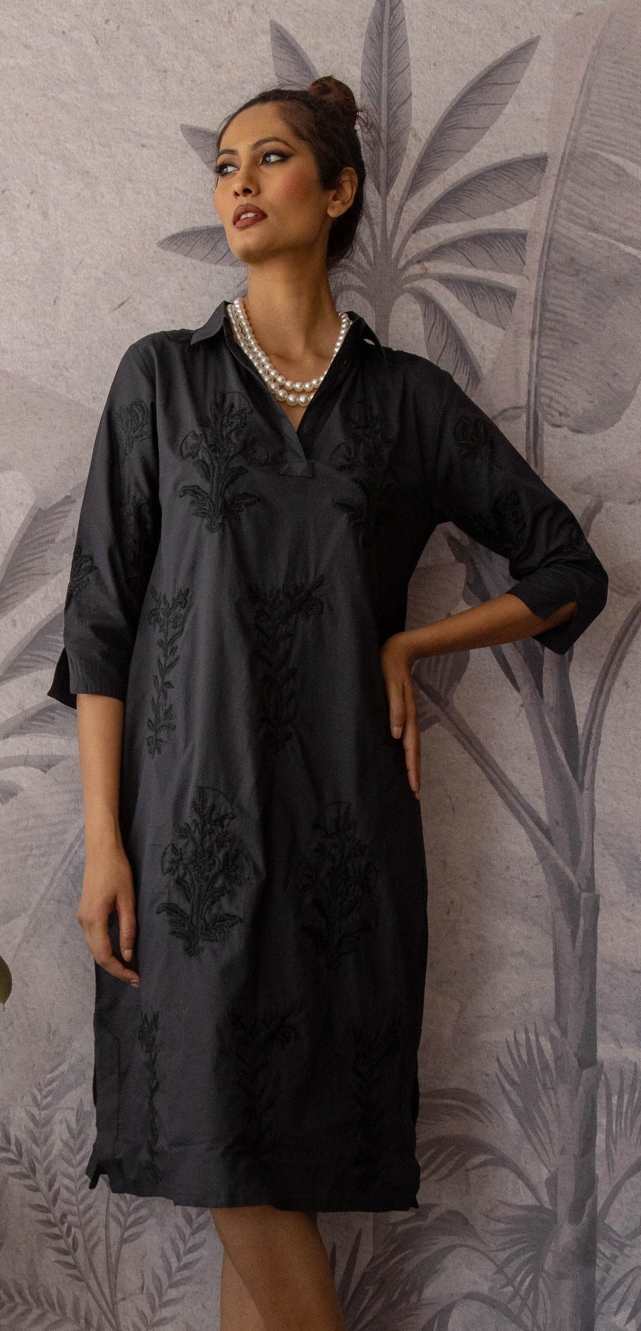 Long Tourist Dress Black with Black Embroidery