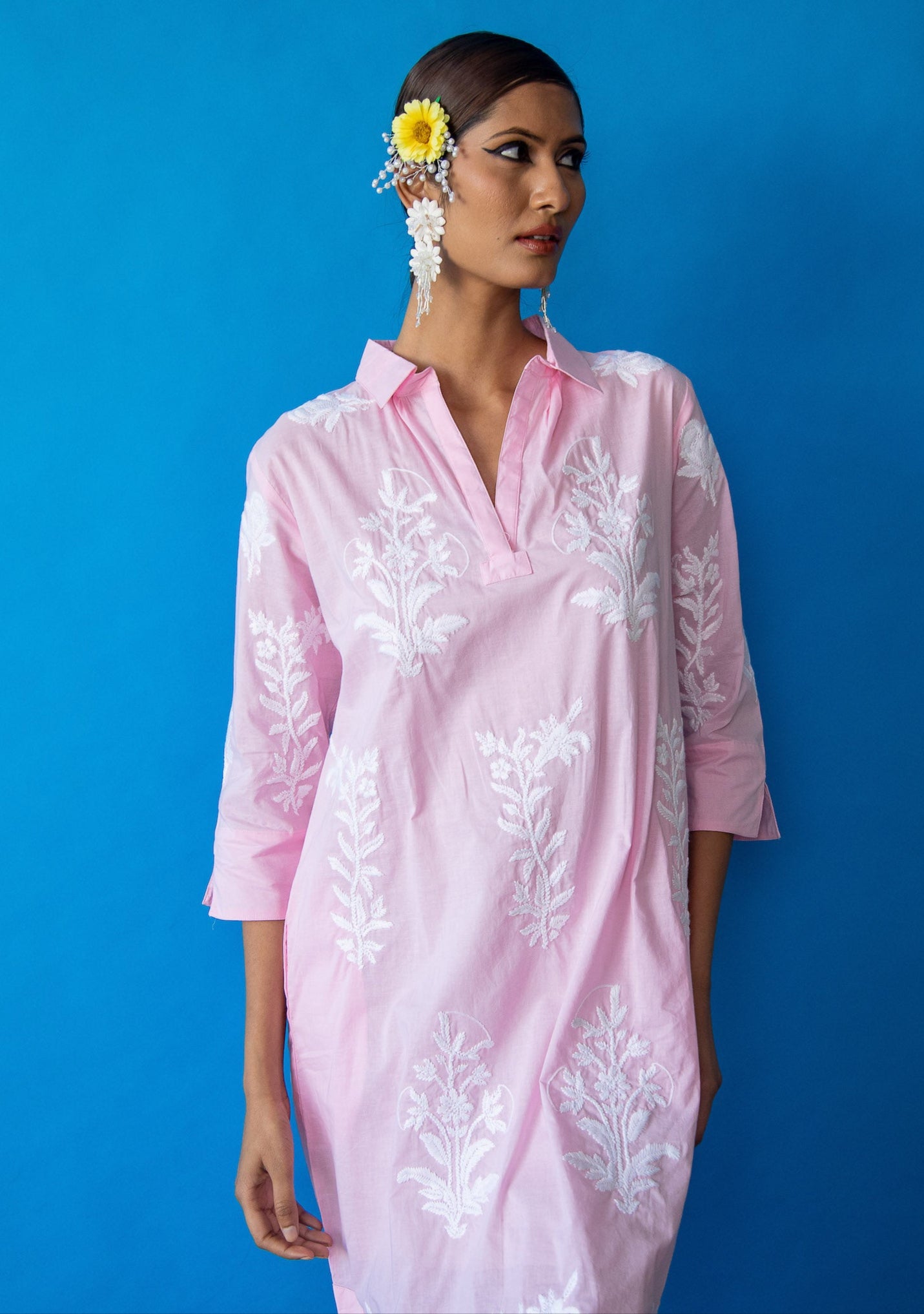 Long Tourist Dress Pale Pink with White Embroidery Cotton