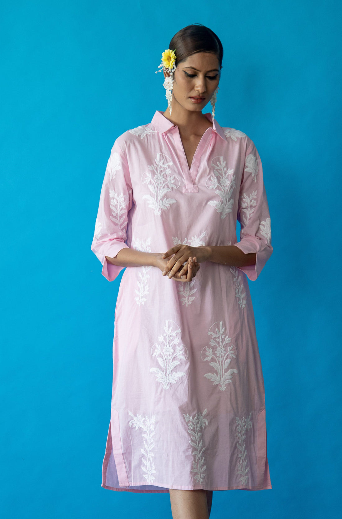 Long Tourist Dress Pale Pink with White Embroidery Cotton