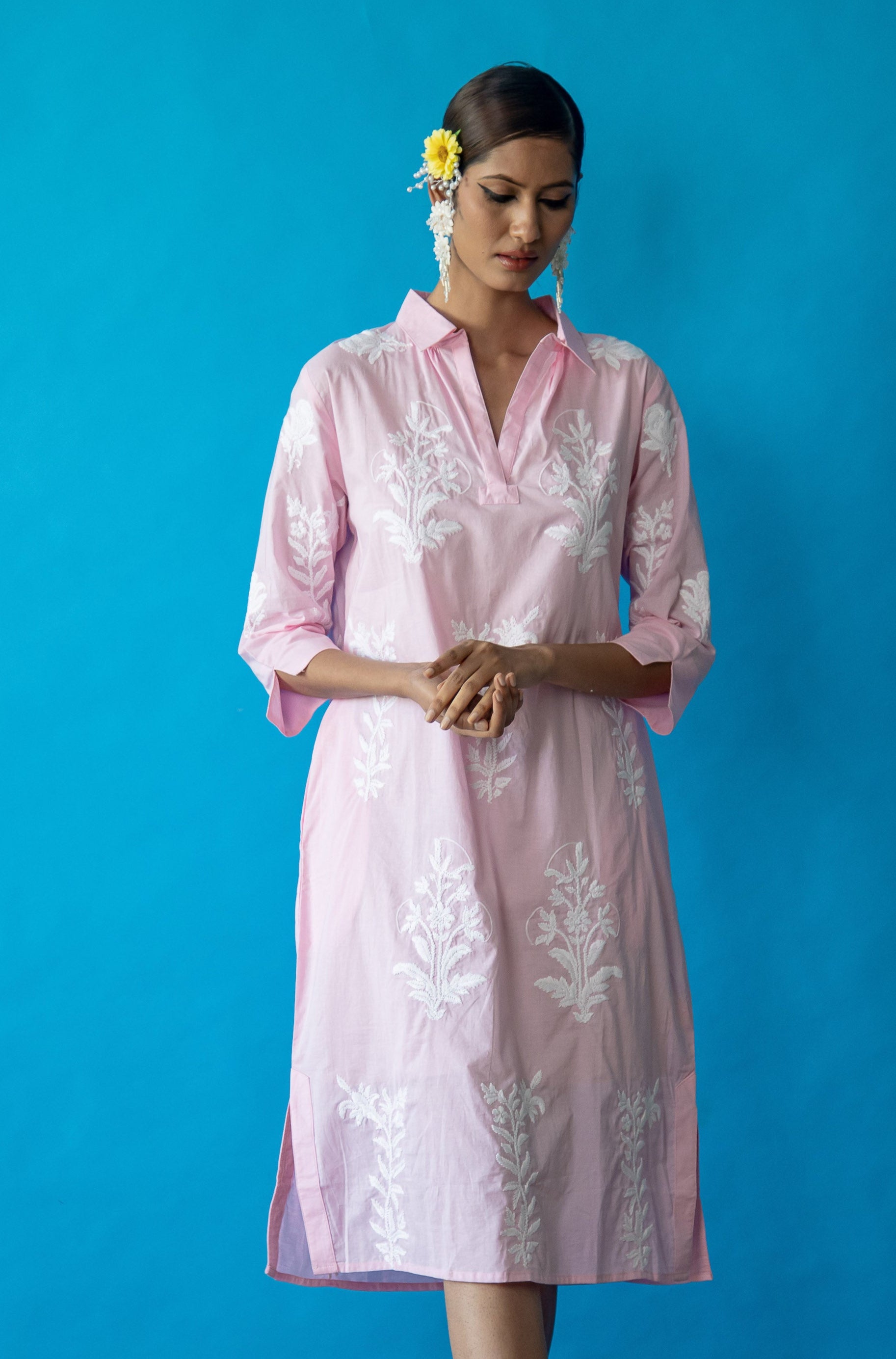 Long Tourist Dress Pale Pink with White Embroidery Cotton