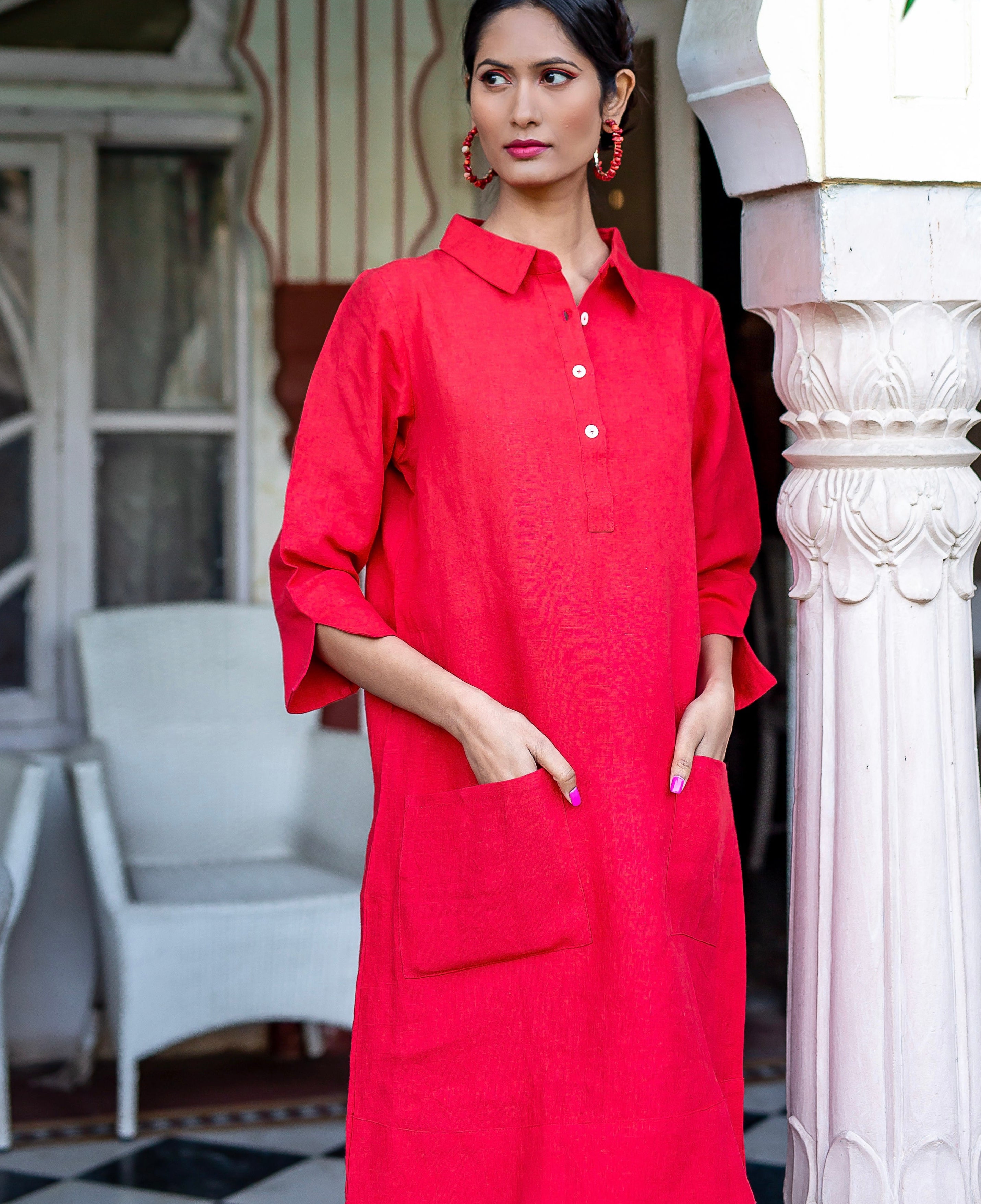 Up Town Linen Shirt Dress - Red
