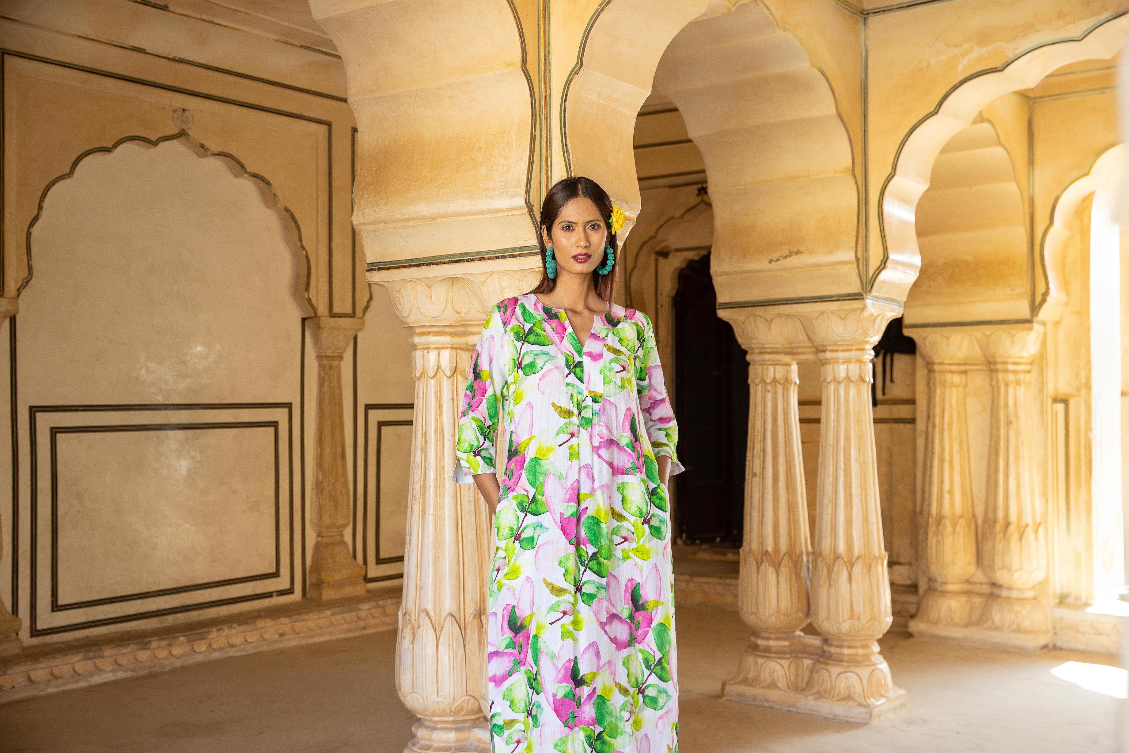 Watermelon Flower Print Linen Maxi Dress