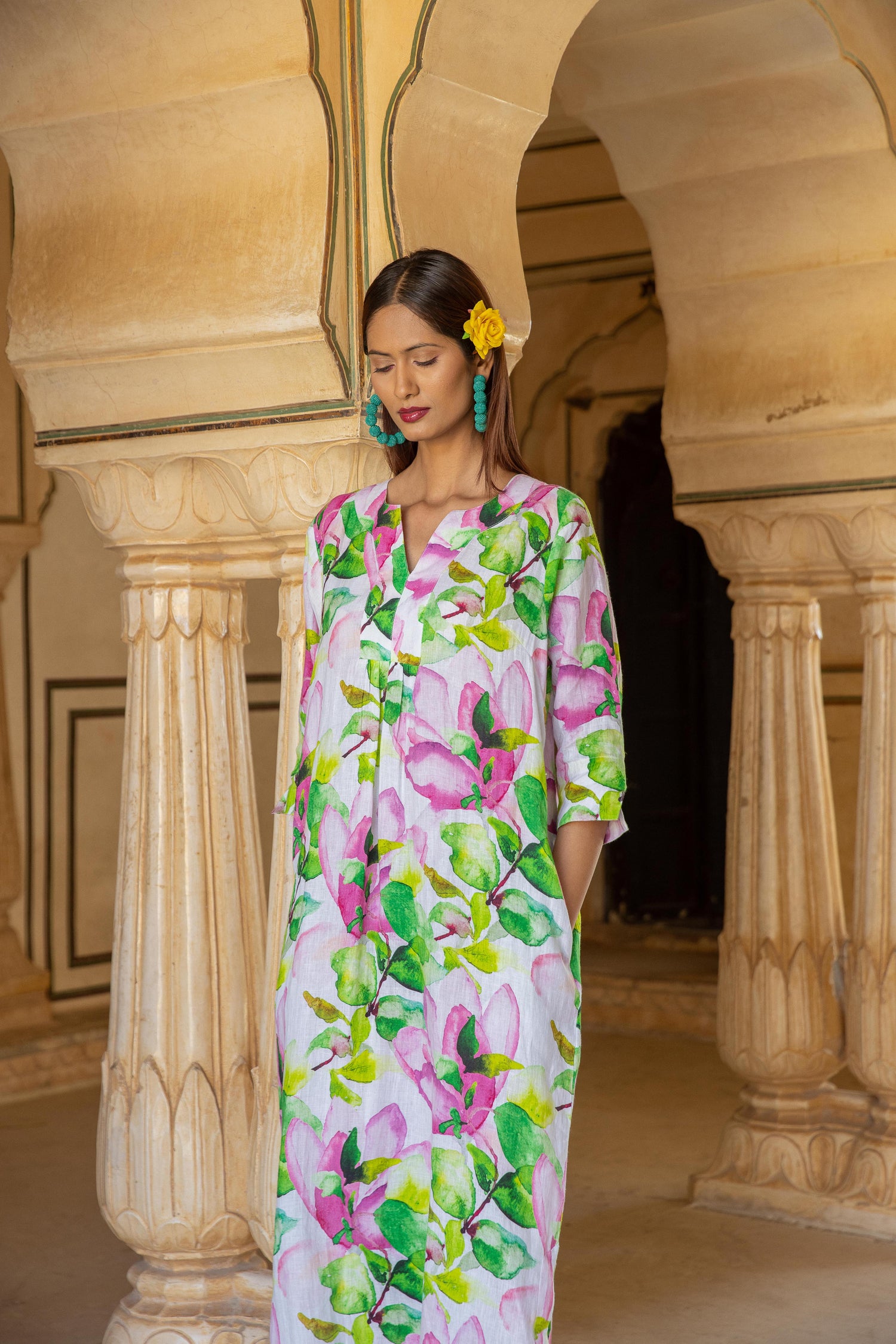 Watermelon Flower Print Linen Maxi Dress