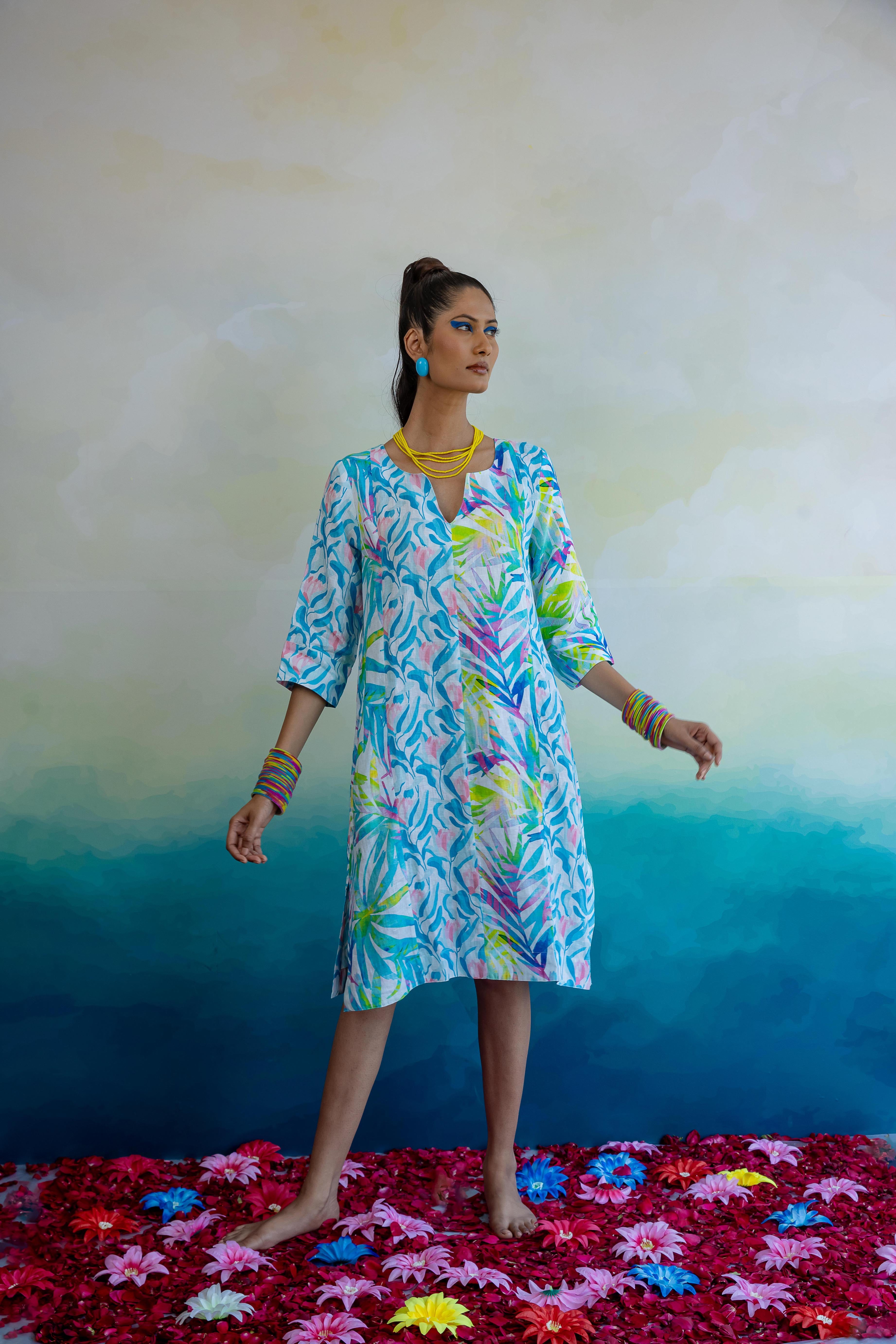 Magnolia Zen Midi Dress Linen Turquoise/Pink