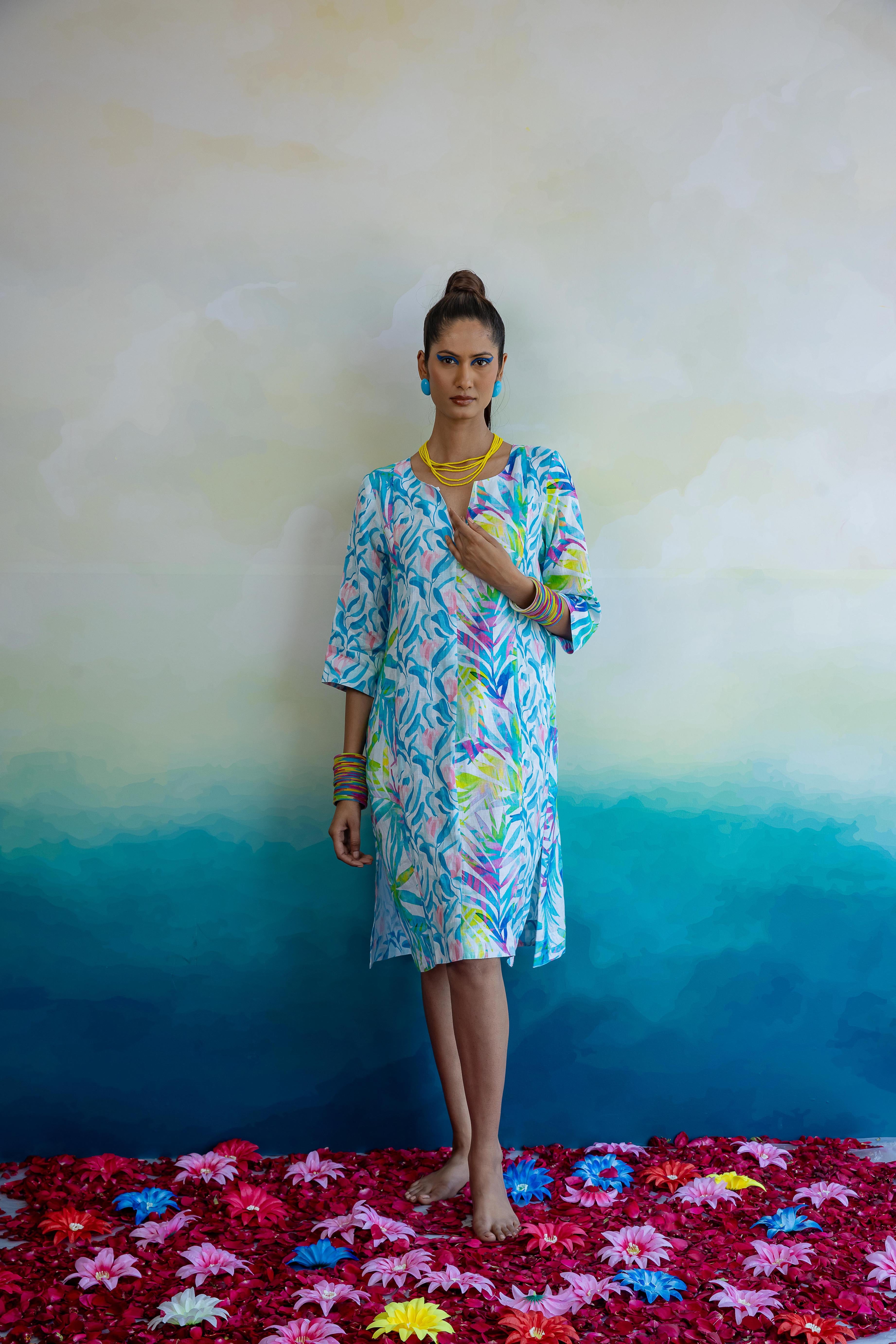 Magnolia Zen Midi Dress Linen Turquoise/Pink