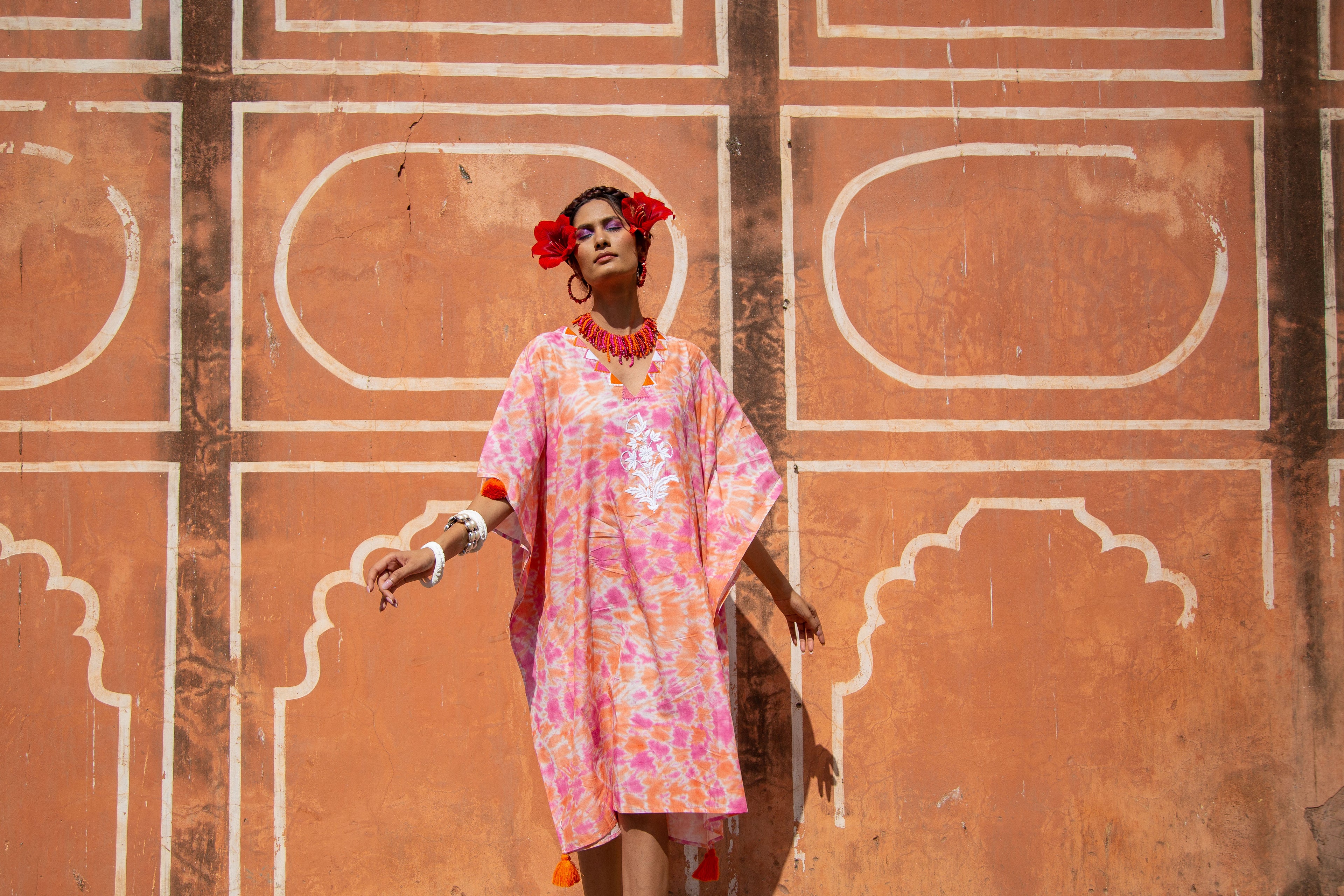 Felicity Embroidered Kaftan Cotton Cambric Pink